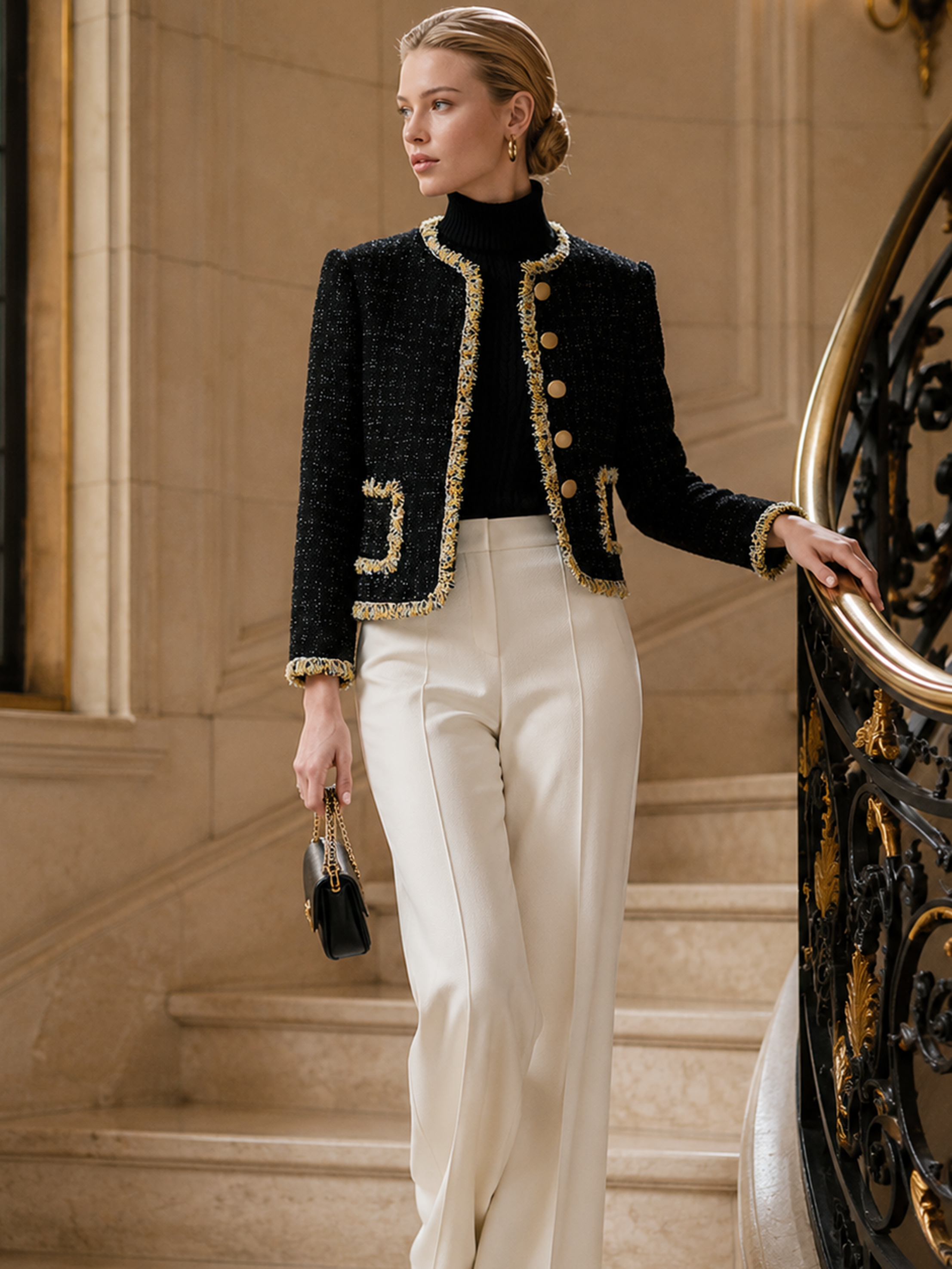 Black‑Gold Fringe Trim Round‑Neck Tweed Short Jacket
