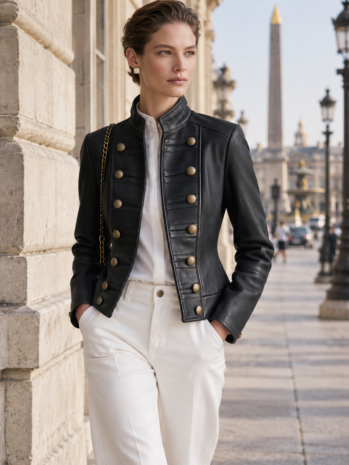Black Stand Collar Metal Double Breasted Fitted Cropped Leather Jacket