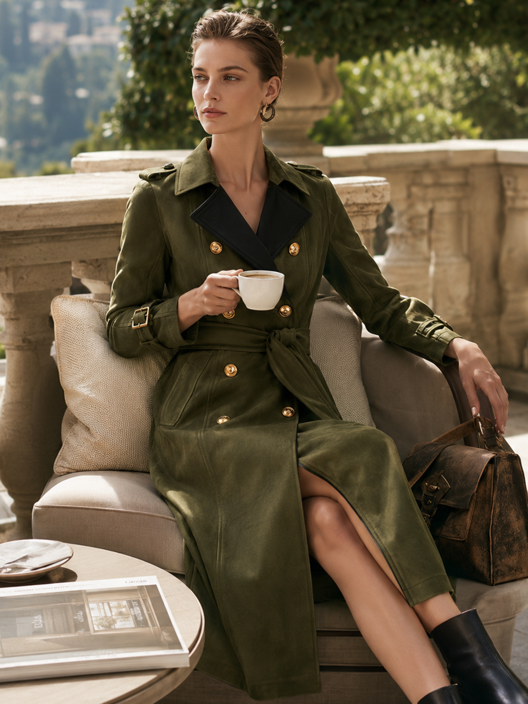 Army‑Green Contrast‑Lapel Double‑Breasted Belted Trench‑Style Midi Dress