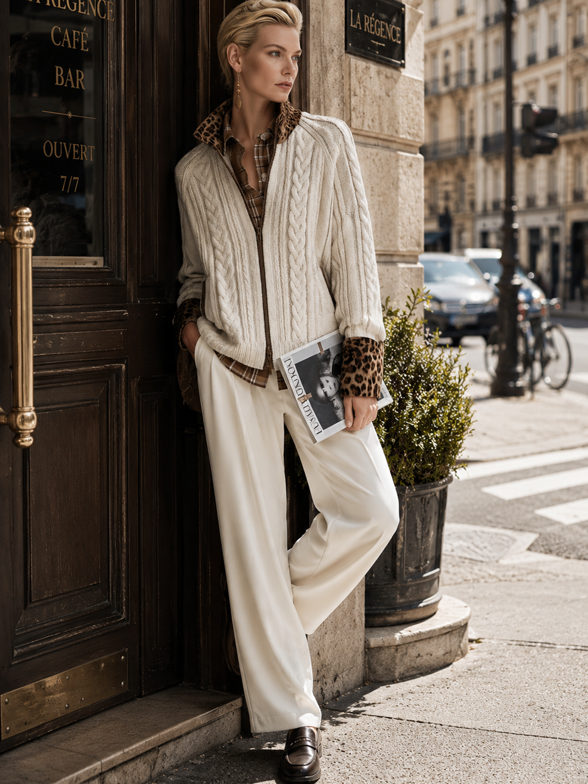 Cream Cable‑Knit Leopard‑Trim Stand‑Collar Zip‑Up Cardigan