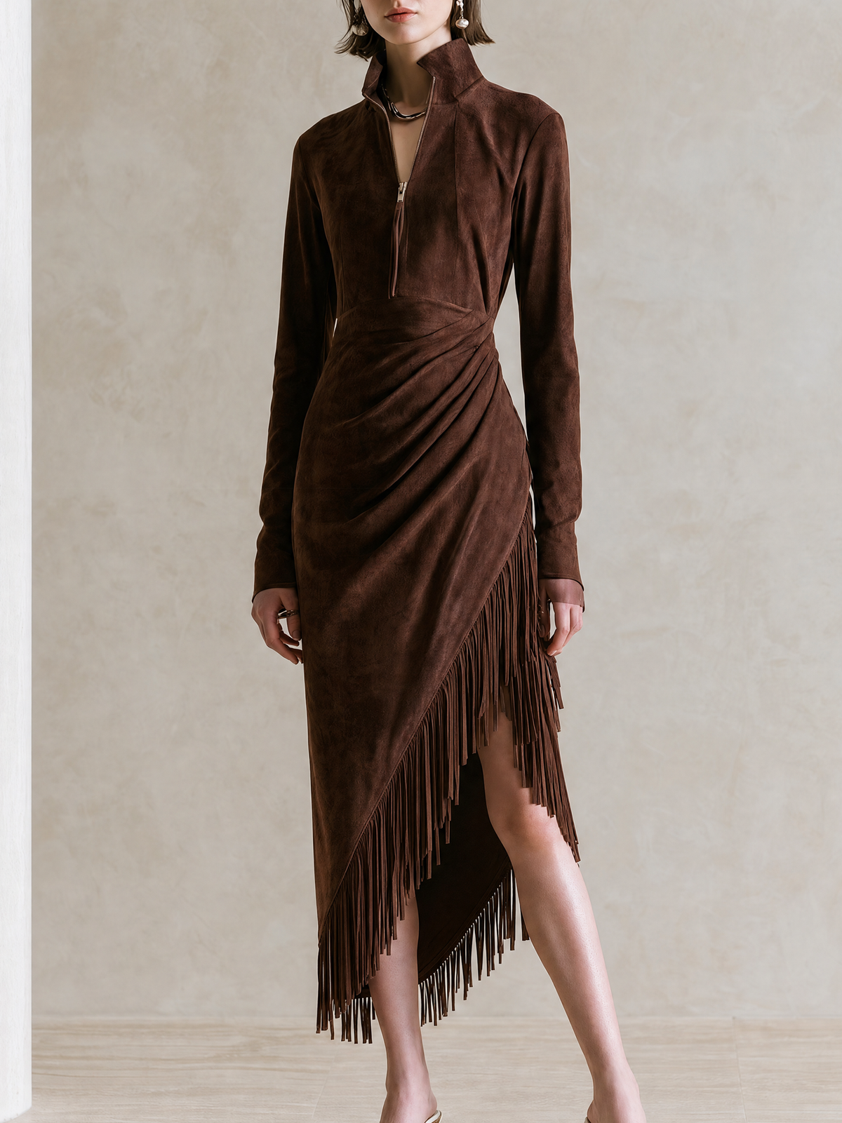 Elegant Chocolate Brown Suede Fringe Midi Dress