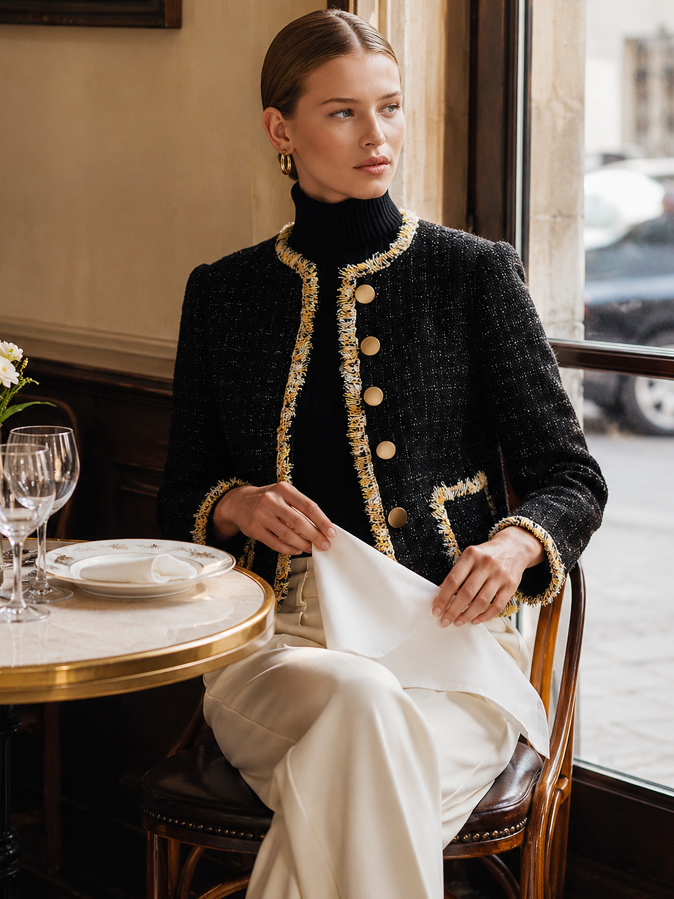 Black‑Gold Fringe Trim Round‑Neck Tweed Short Jacket