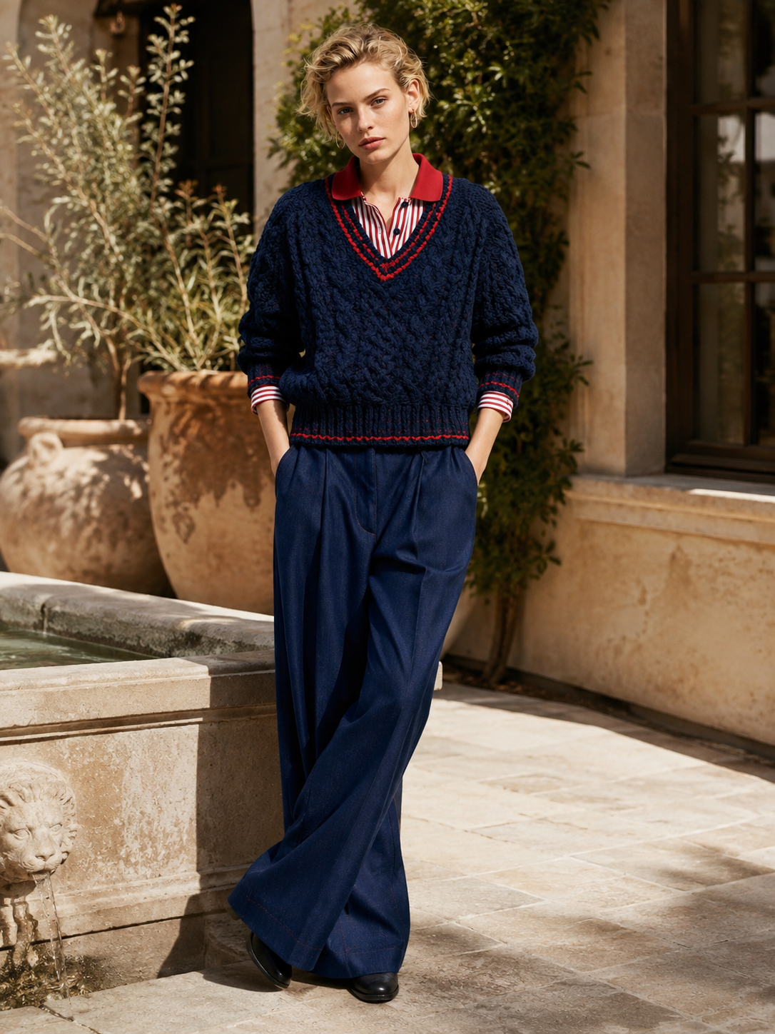Navy Blue Cable Knit V-neck Sweater With A Layered Design