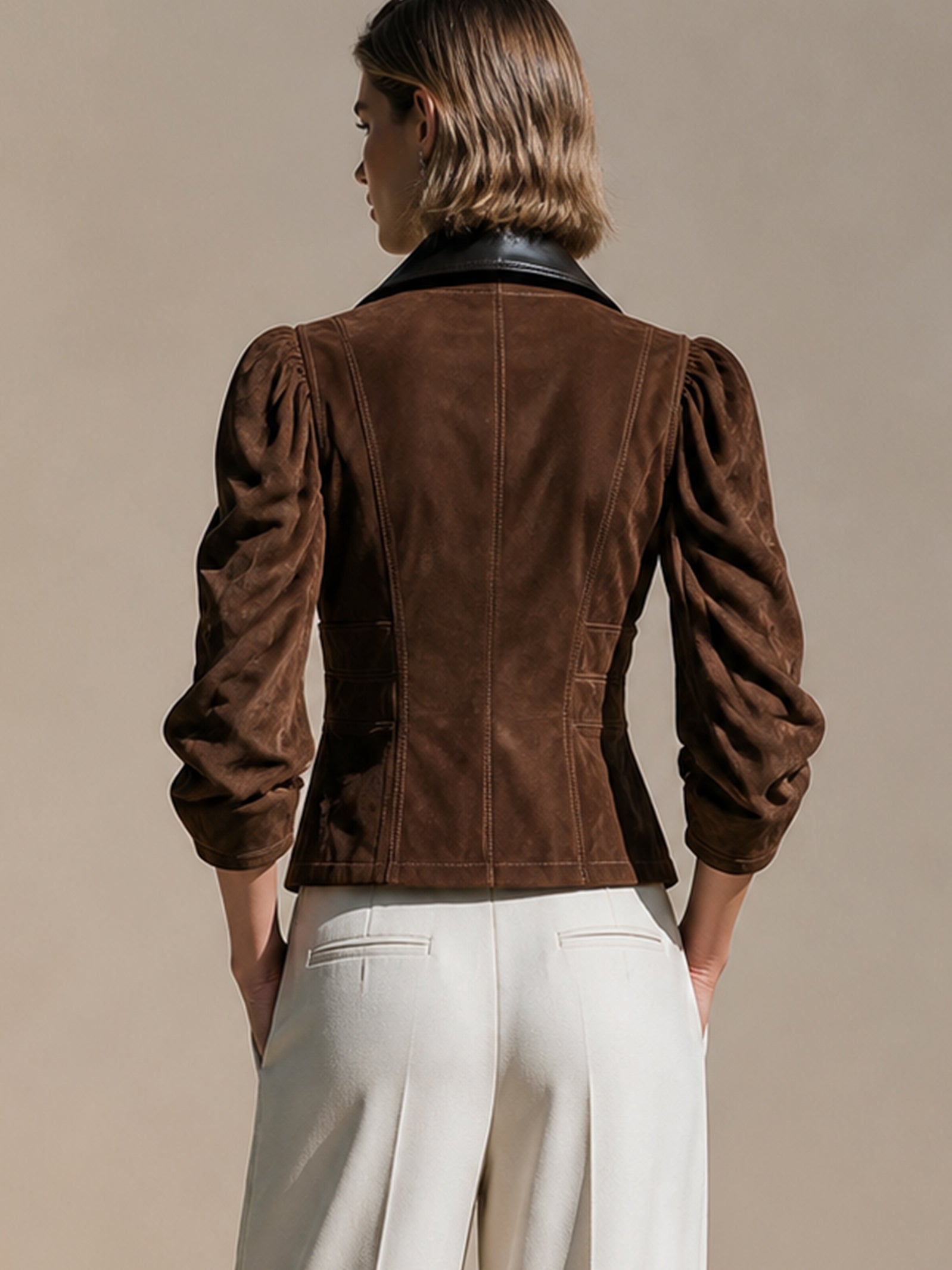 Suede Leather Lapel Zip‑Front Jacket