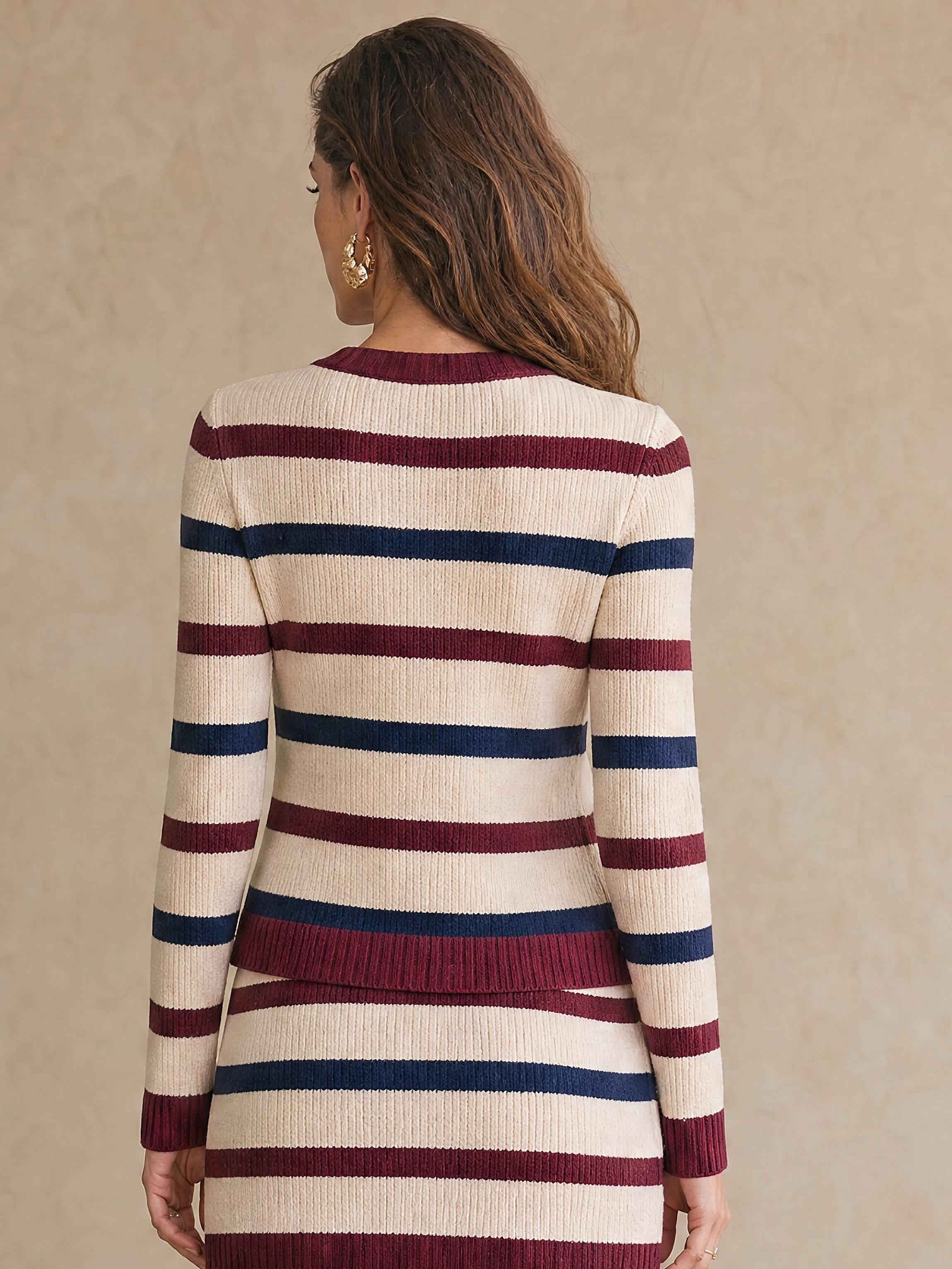 Elegant Ivory Navy & Burgundy Striped V-Neck Knit Cardigan