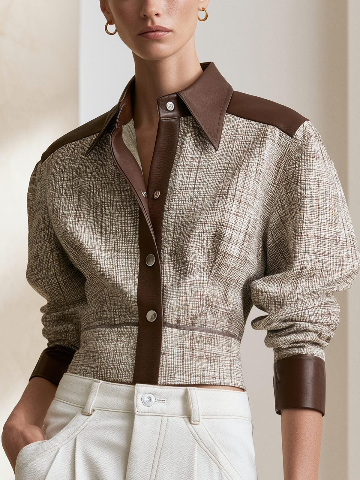 Coffee Faux‑Leather Contrast Woven Plaid Collar Cropped Jacket