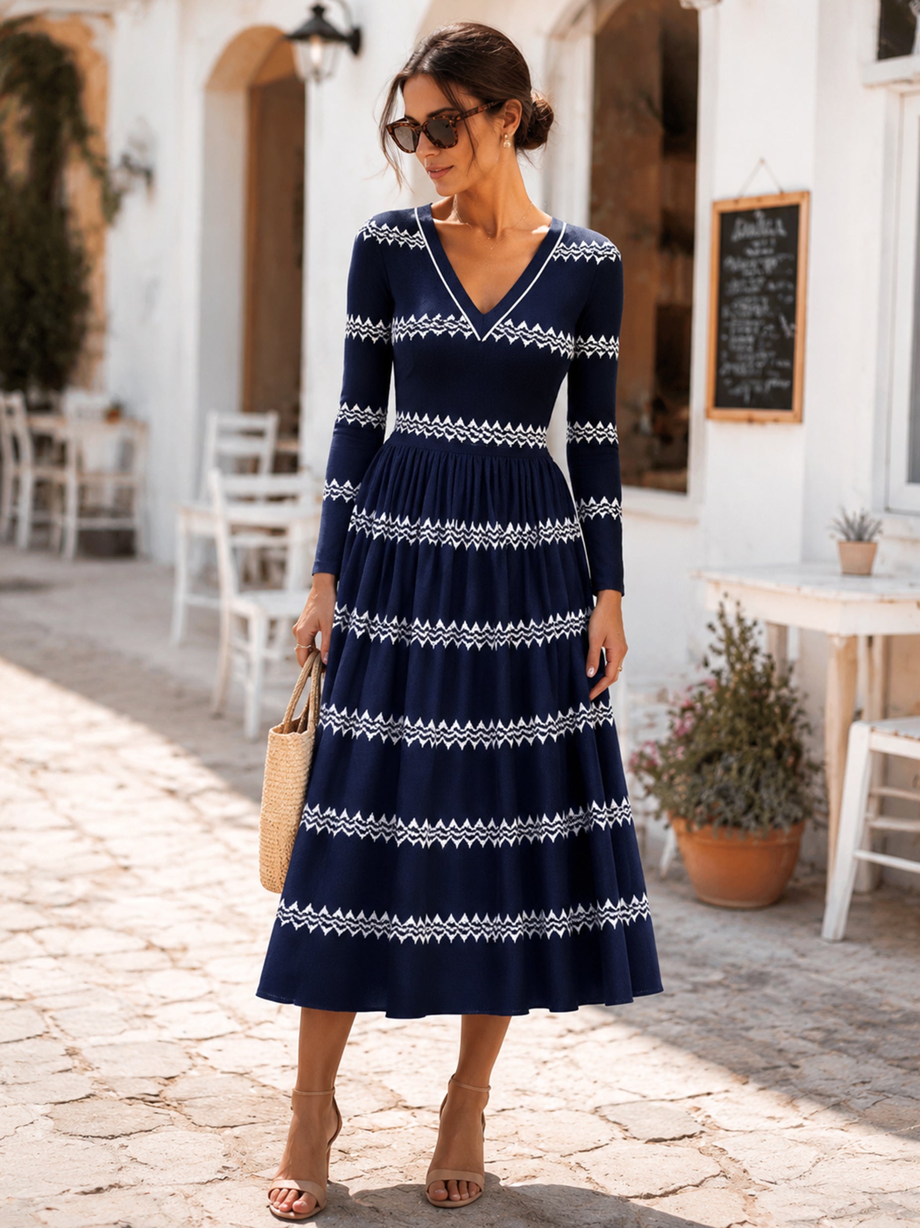 Navy V-Neck Knit Long Sleeve Midi Dress
