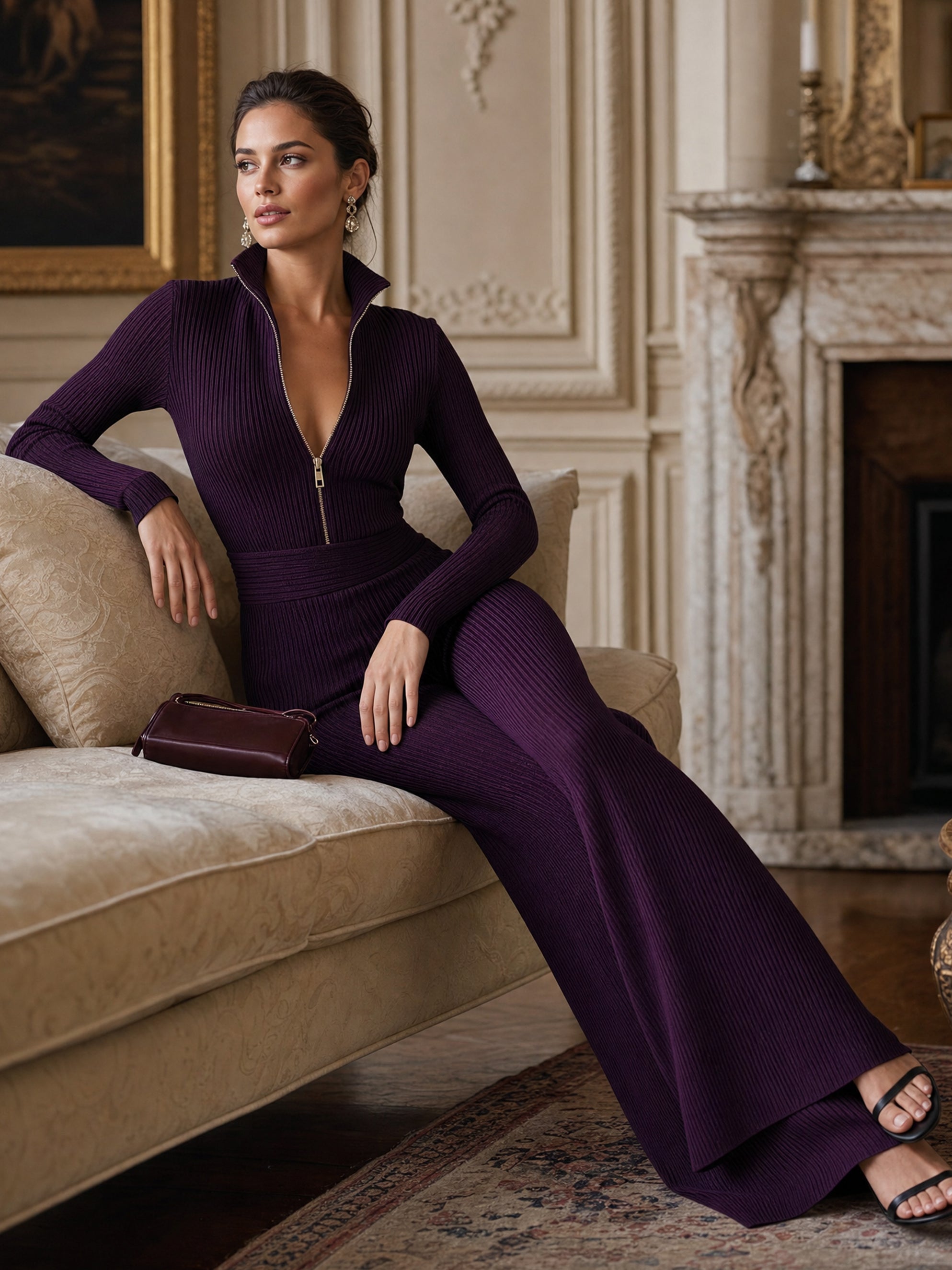 Plum Purple Ribbed Knit Half-Zip Stand Collar Wide Leg Jumpsuit