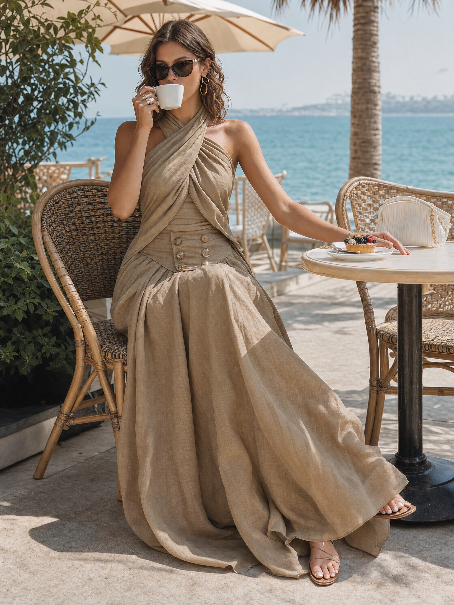 Light Brown Linen Halter-neck Set