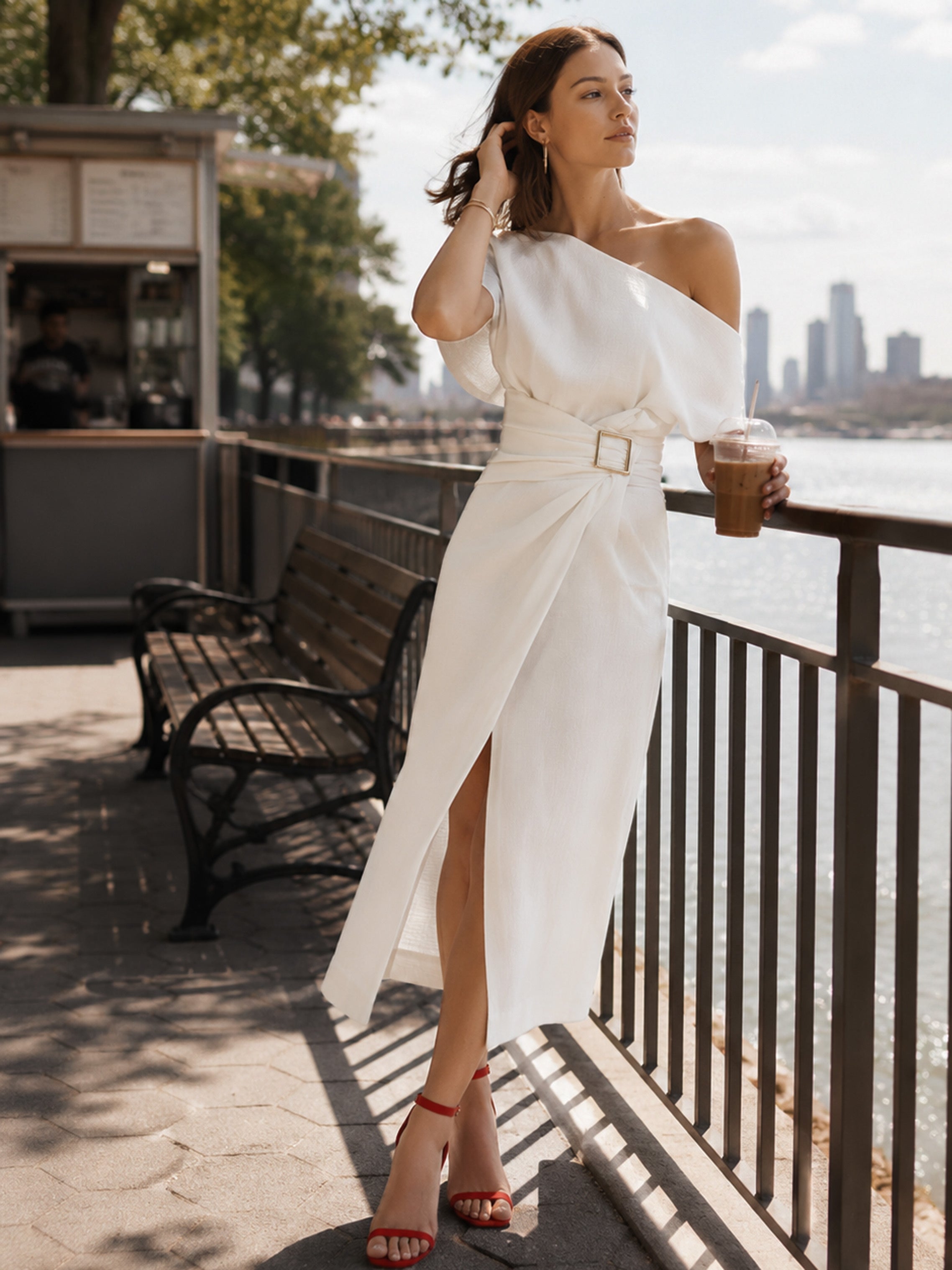 White One Shoulder Ruched Waist Slit Elegant Midi Dress