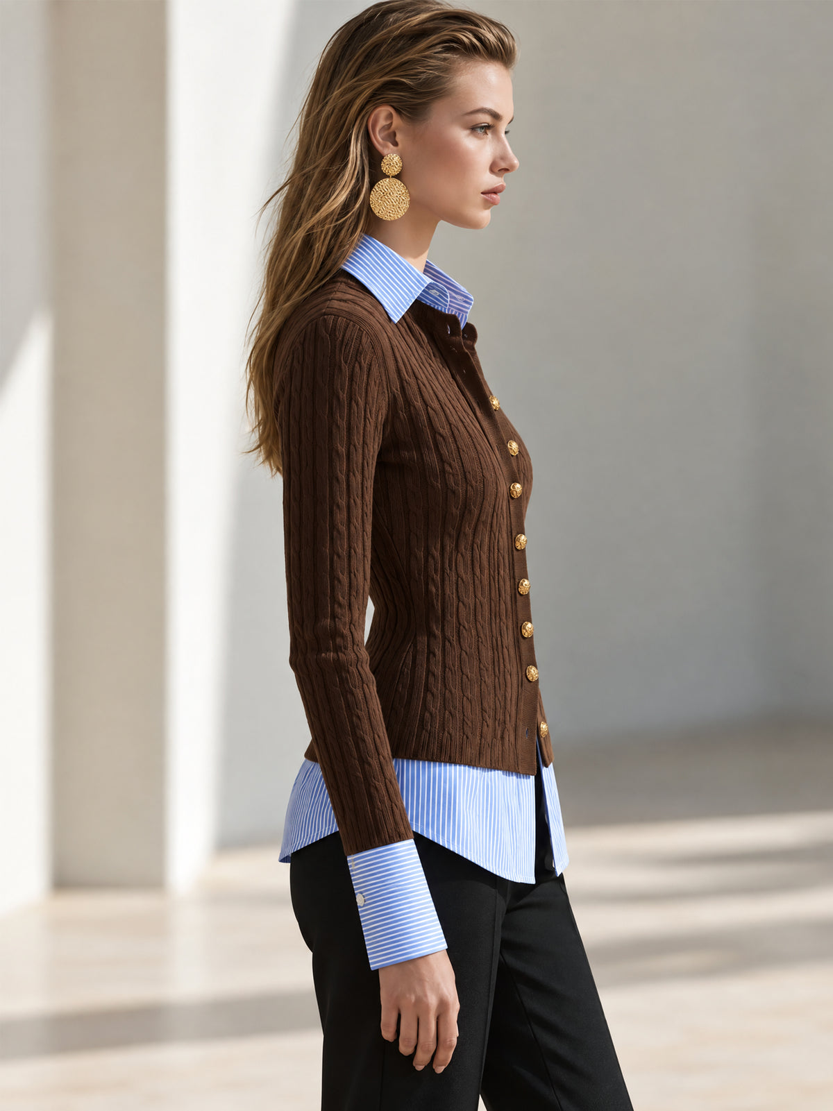 Cable Knit Wool Blend Faux Two-Piece Cardigan
