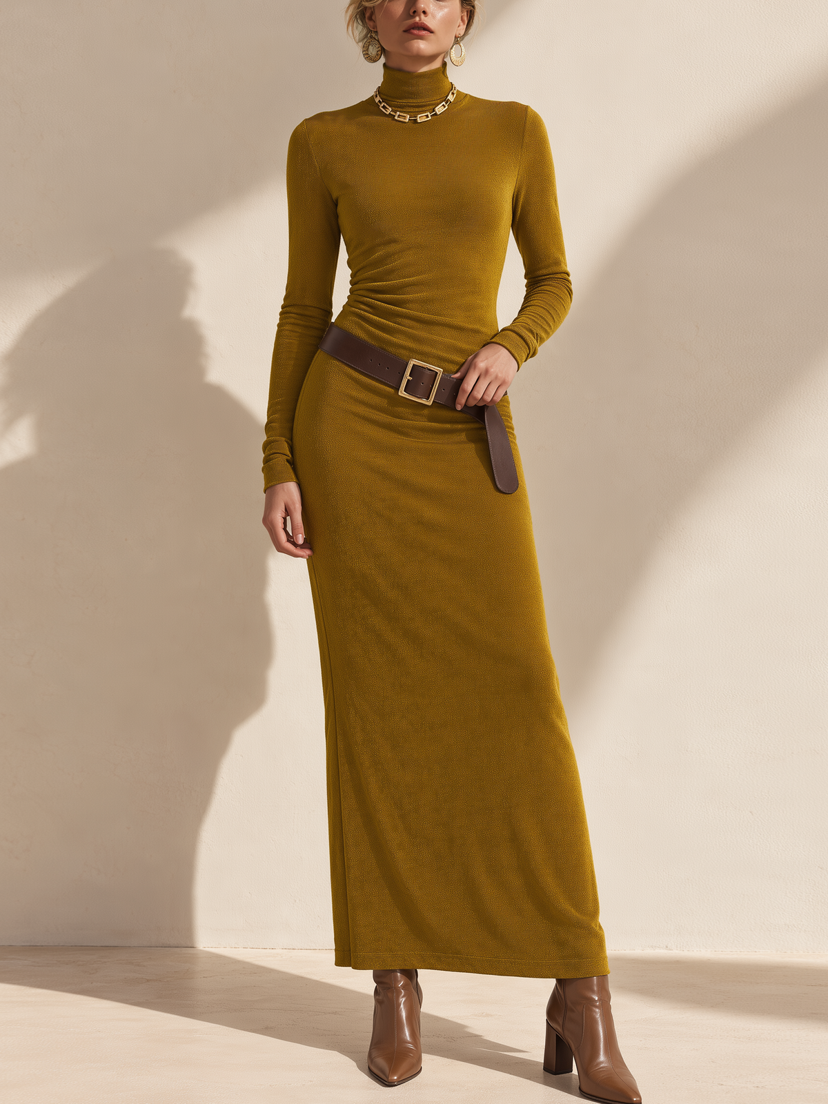 Ginger Yellow Knit Elegant Long Sleeve Dress