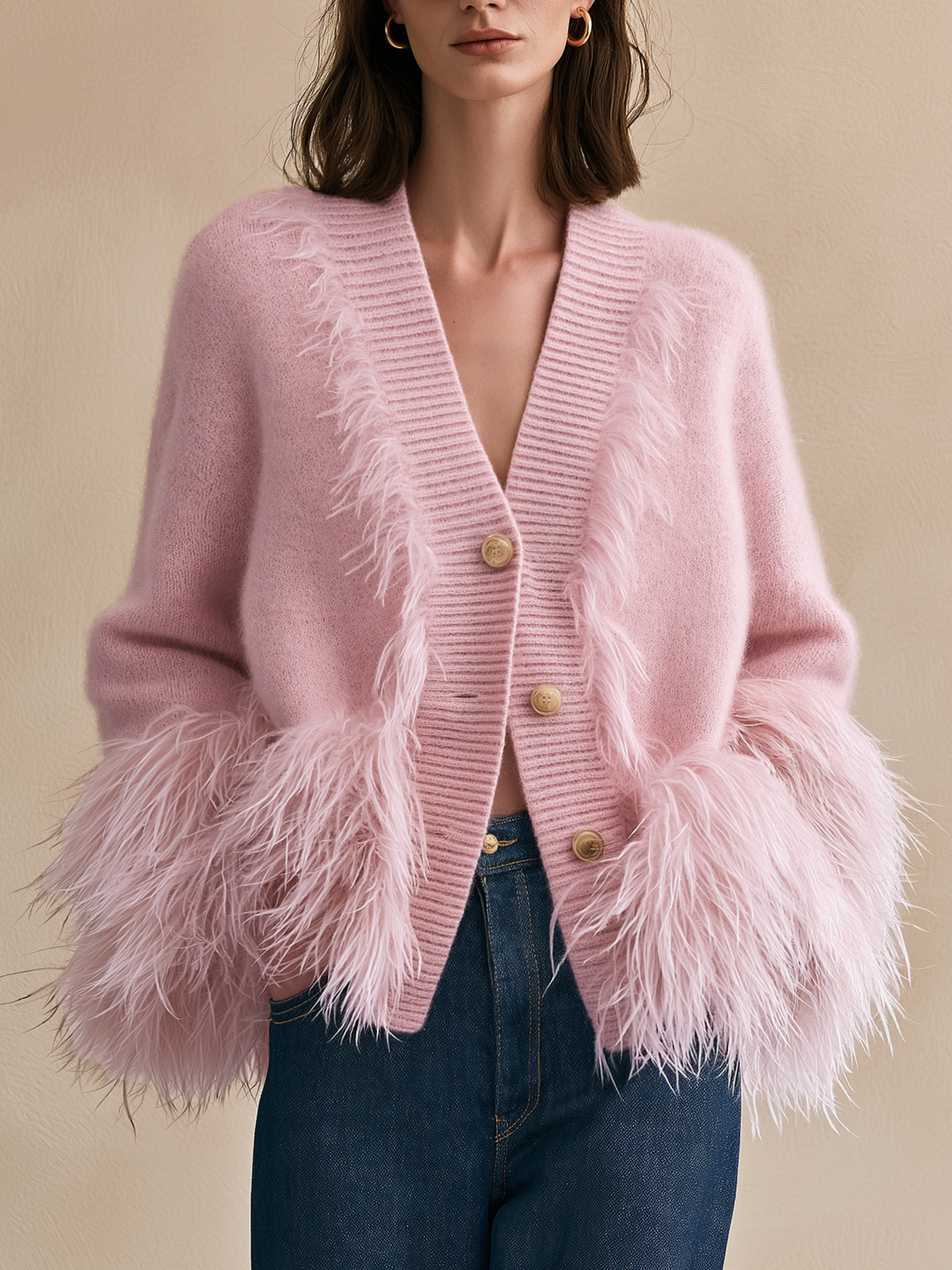 Light Pink Fuzzy Trim Knit Cardigan