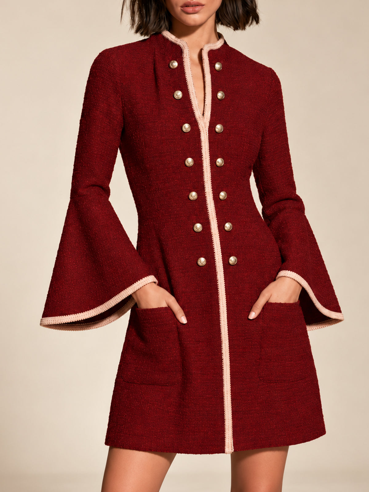 Burgundy Tweed Military Mini Dress With Contrast Pink Trim And Bell Sleeves