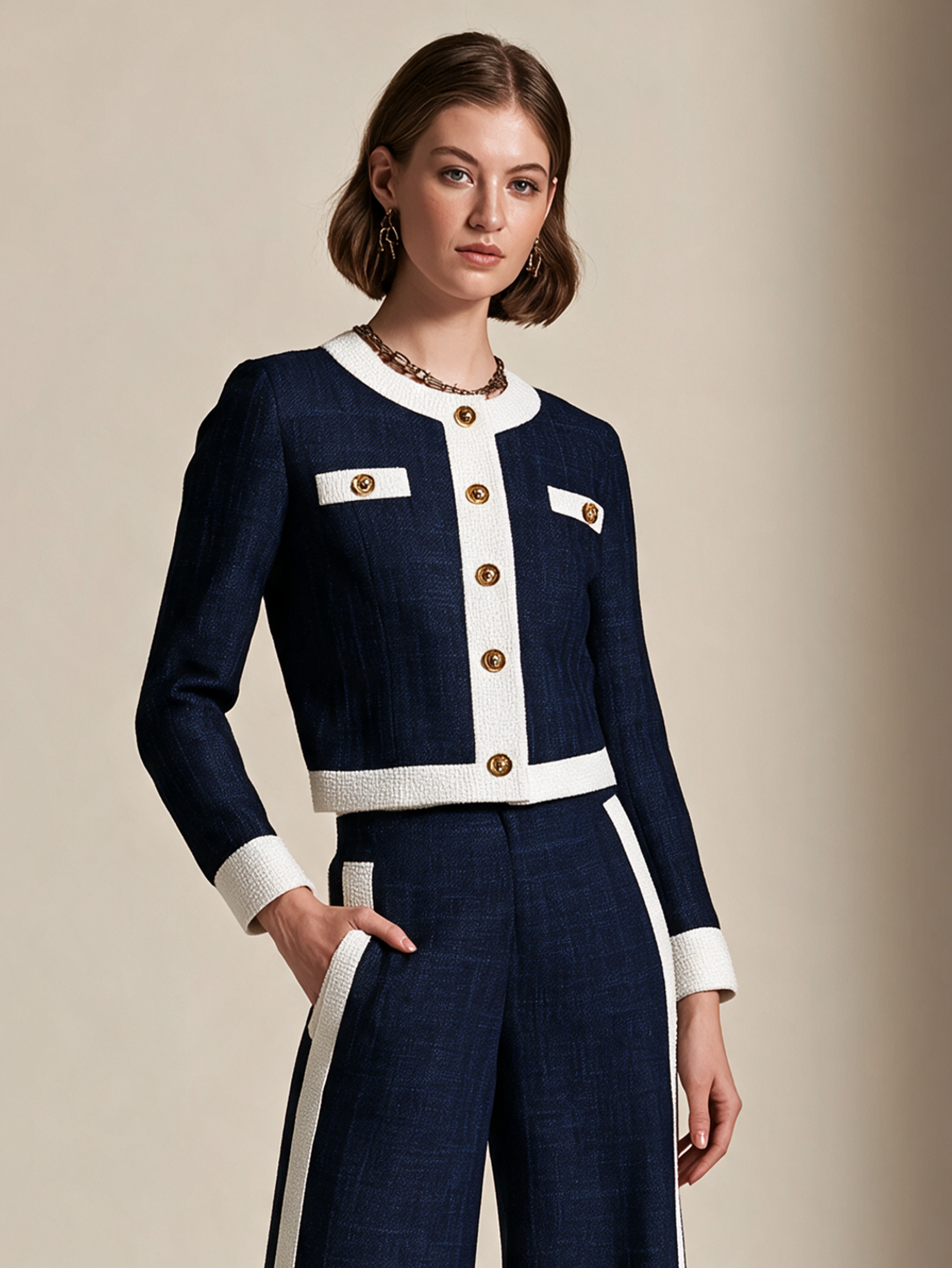 Elegant Navy & Ivory Contrast Tweed Cardigan Jacket