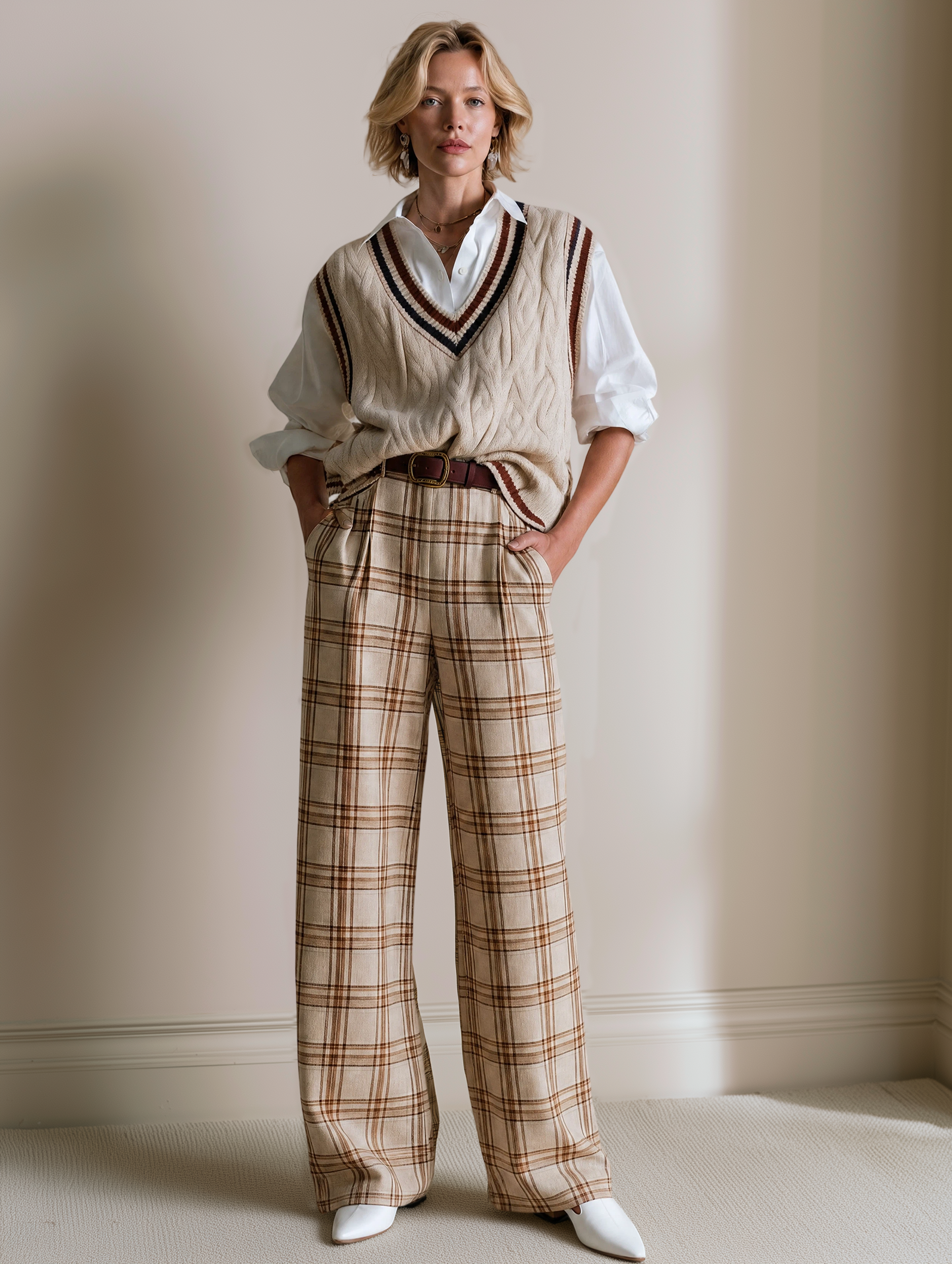 Elegant Beige & Coffee Brown Plaid High-Waisted Wide-Leg Trousers