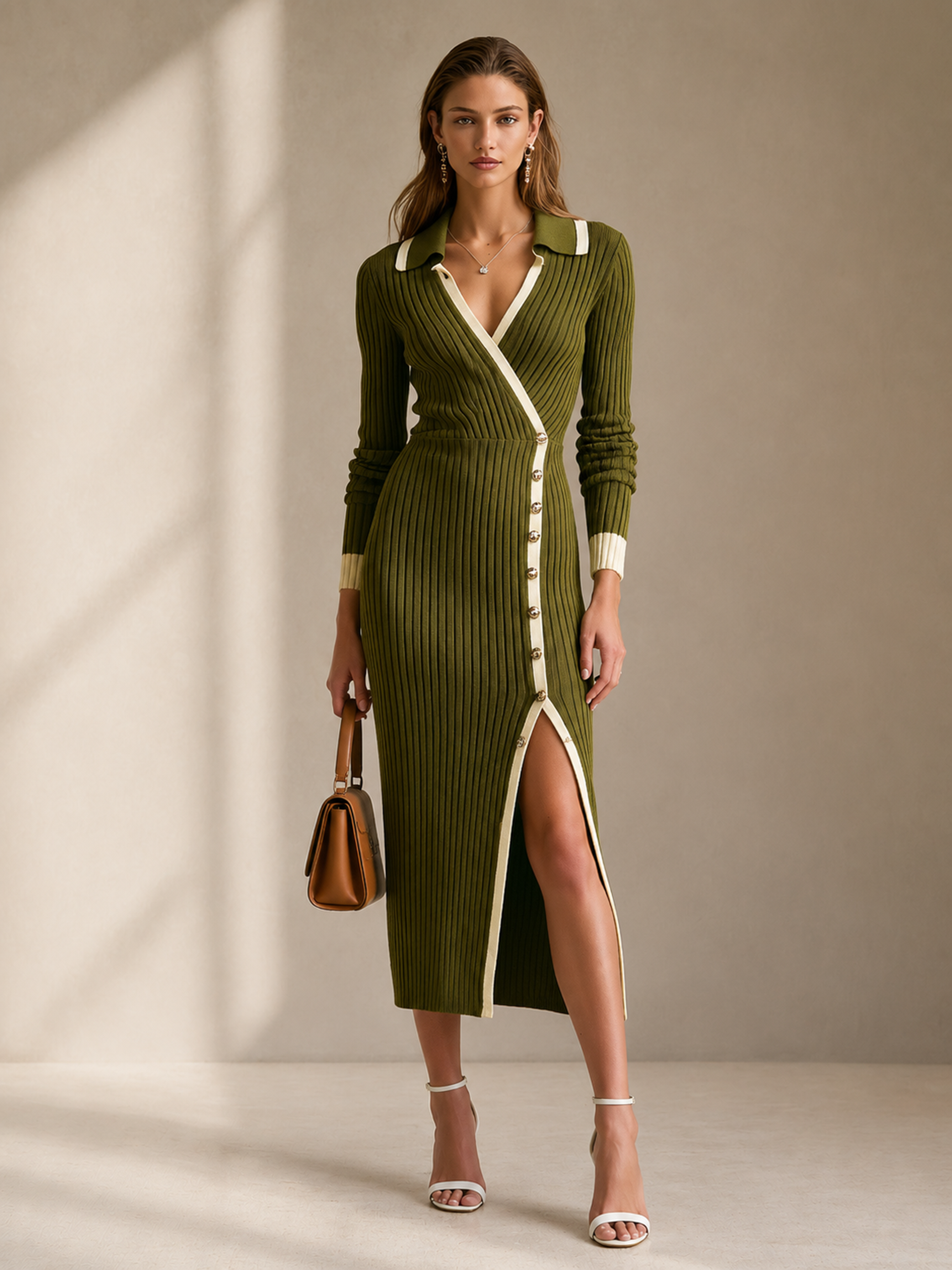 Elegant Olive Green Ribbed Knit Asymmetric Midi Dress