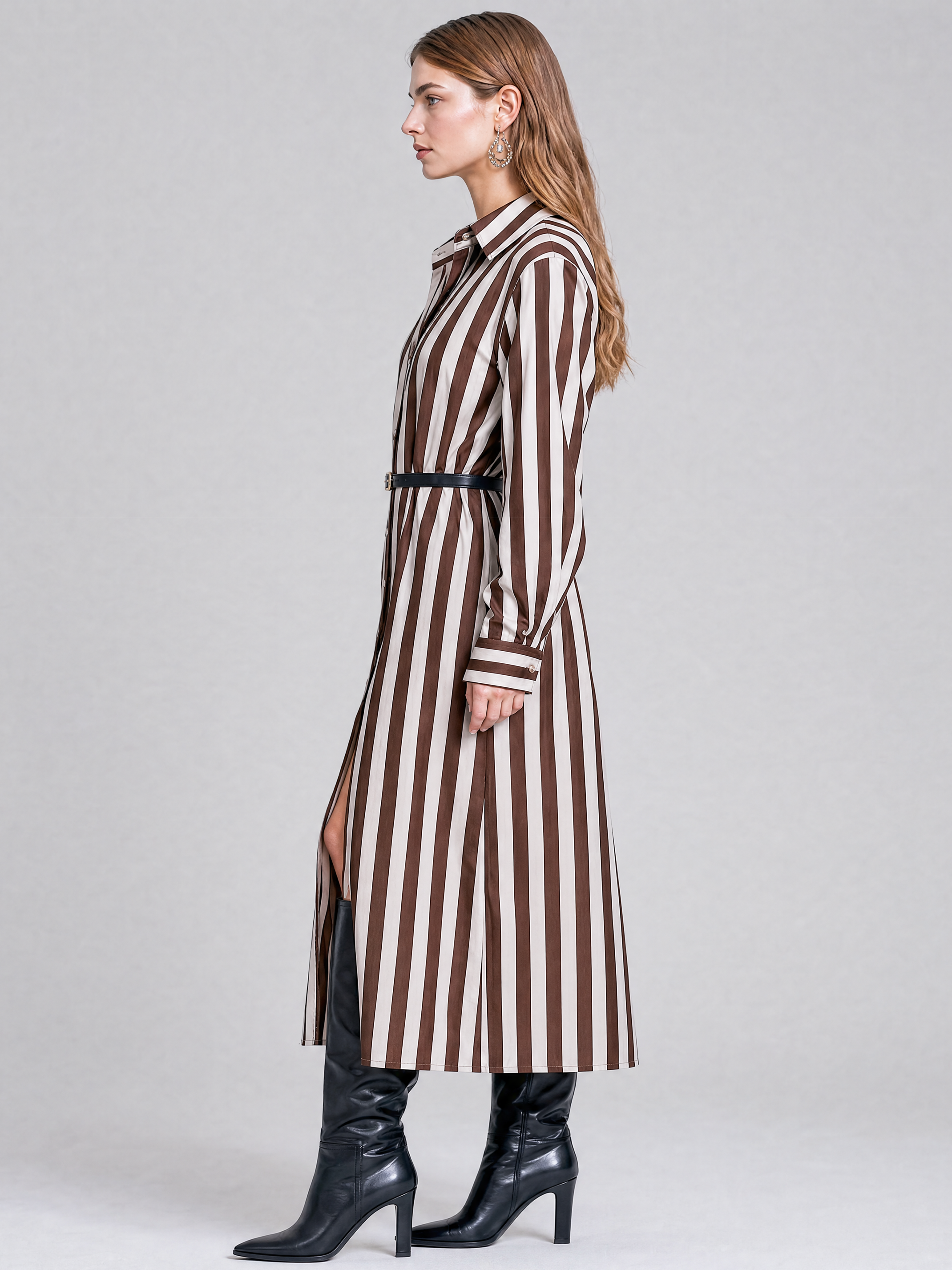 Elegant Chocolate Brown Cotton Blend Stripe Shirt Dress