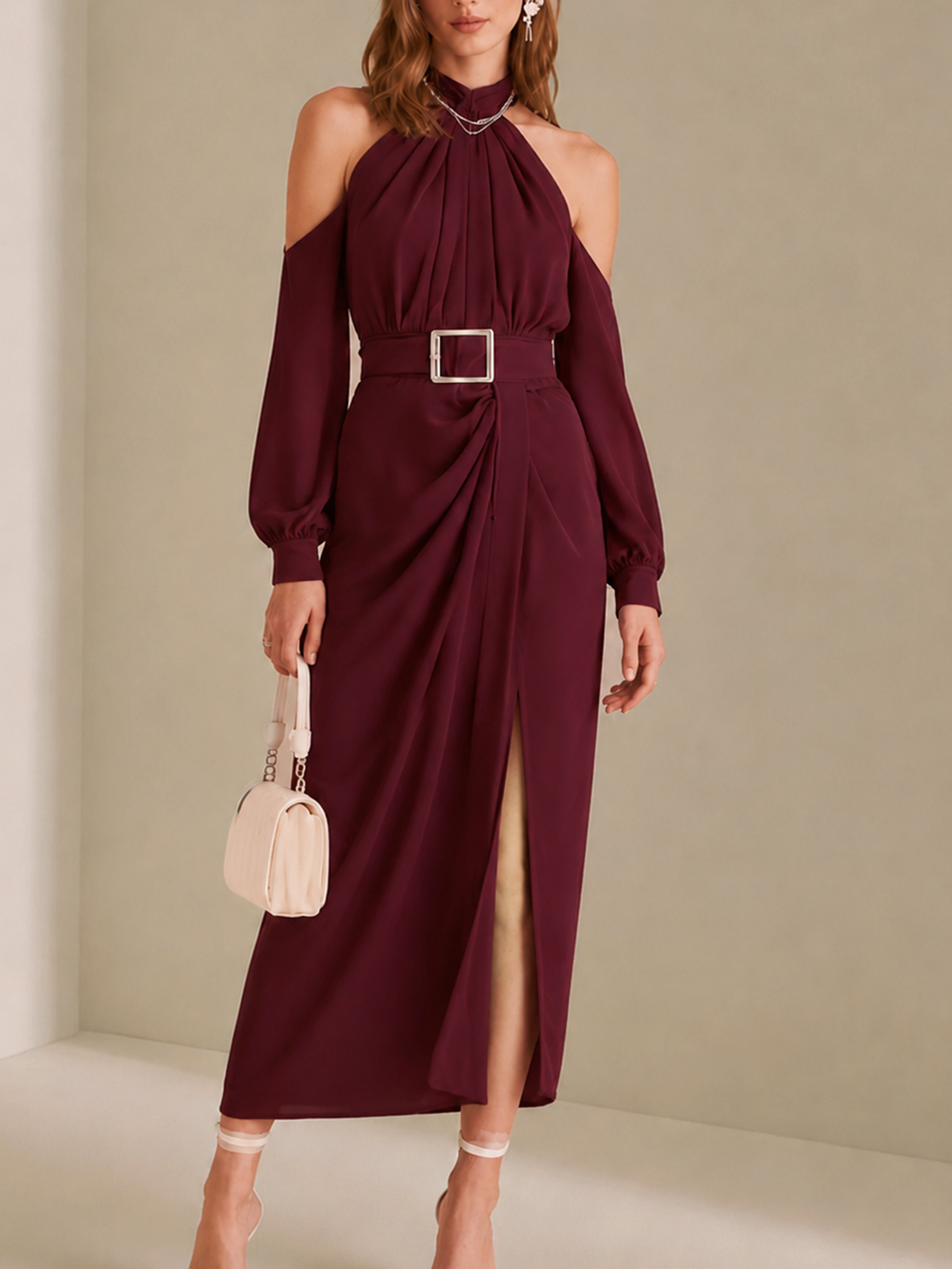Elegant Burgundy Halter Neck Long Sleeve Midi Dress