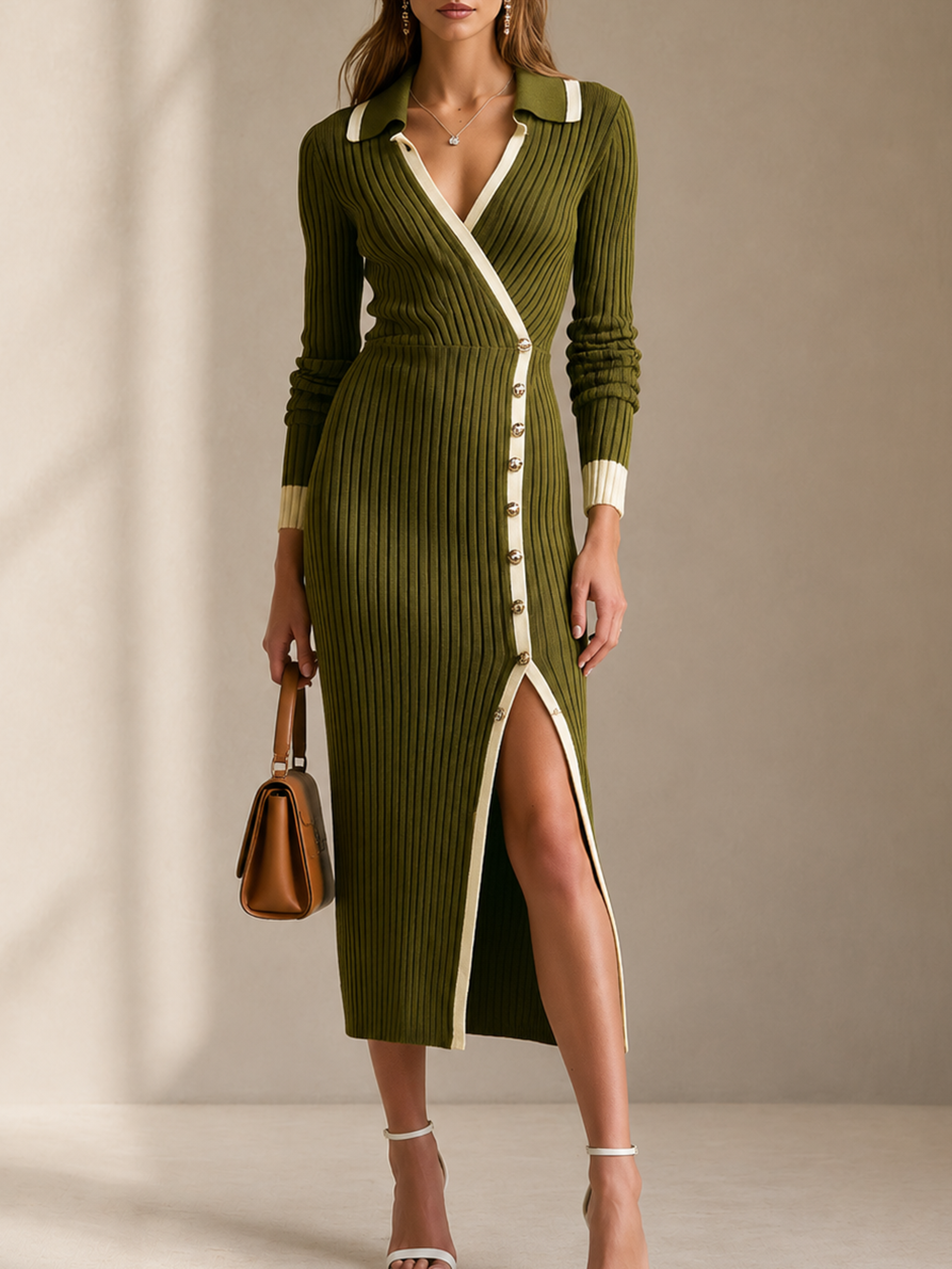 Elegant Olive Green Ribbed Knit Asymmetric Midi Dress