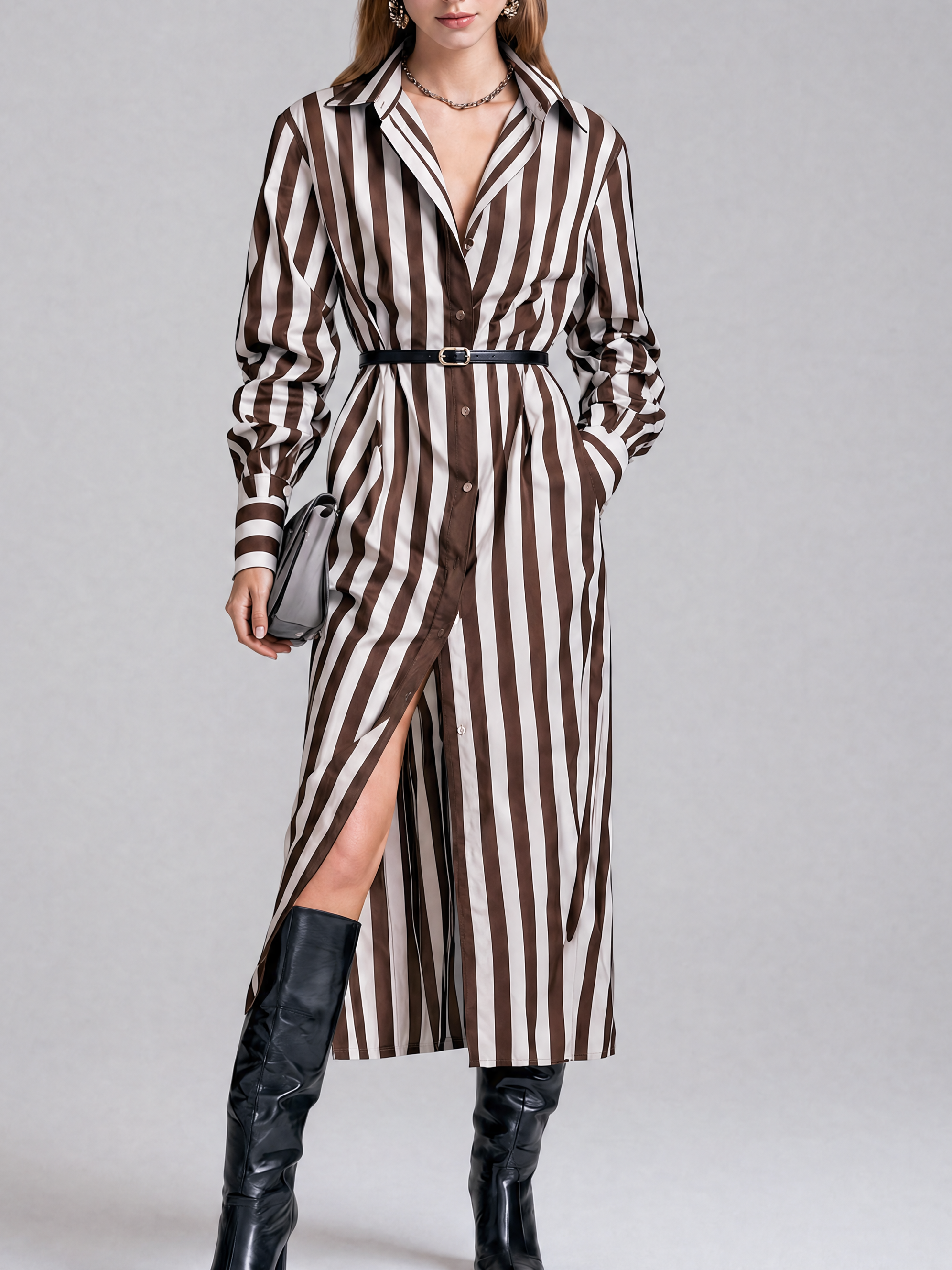 Elegant Chocolate Brown Cotton Blend Stripe Shirt Dress