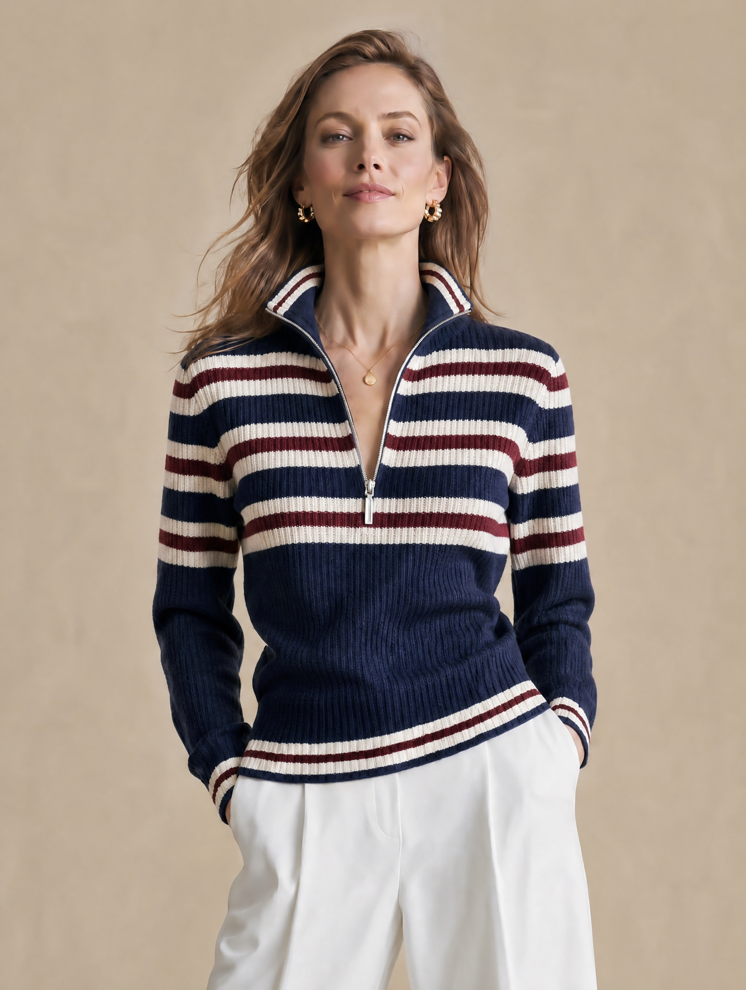 Elegant Navy Ivory & Burgundy Striped Zip-Neck Knit Top