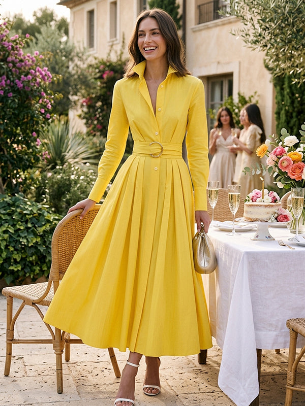 Sunflower Yellow Long Sleeve Belted Shirt Midi Dress