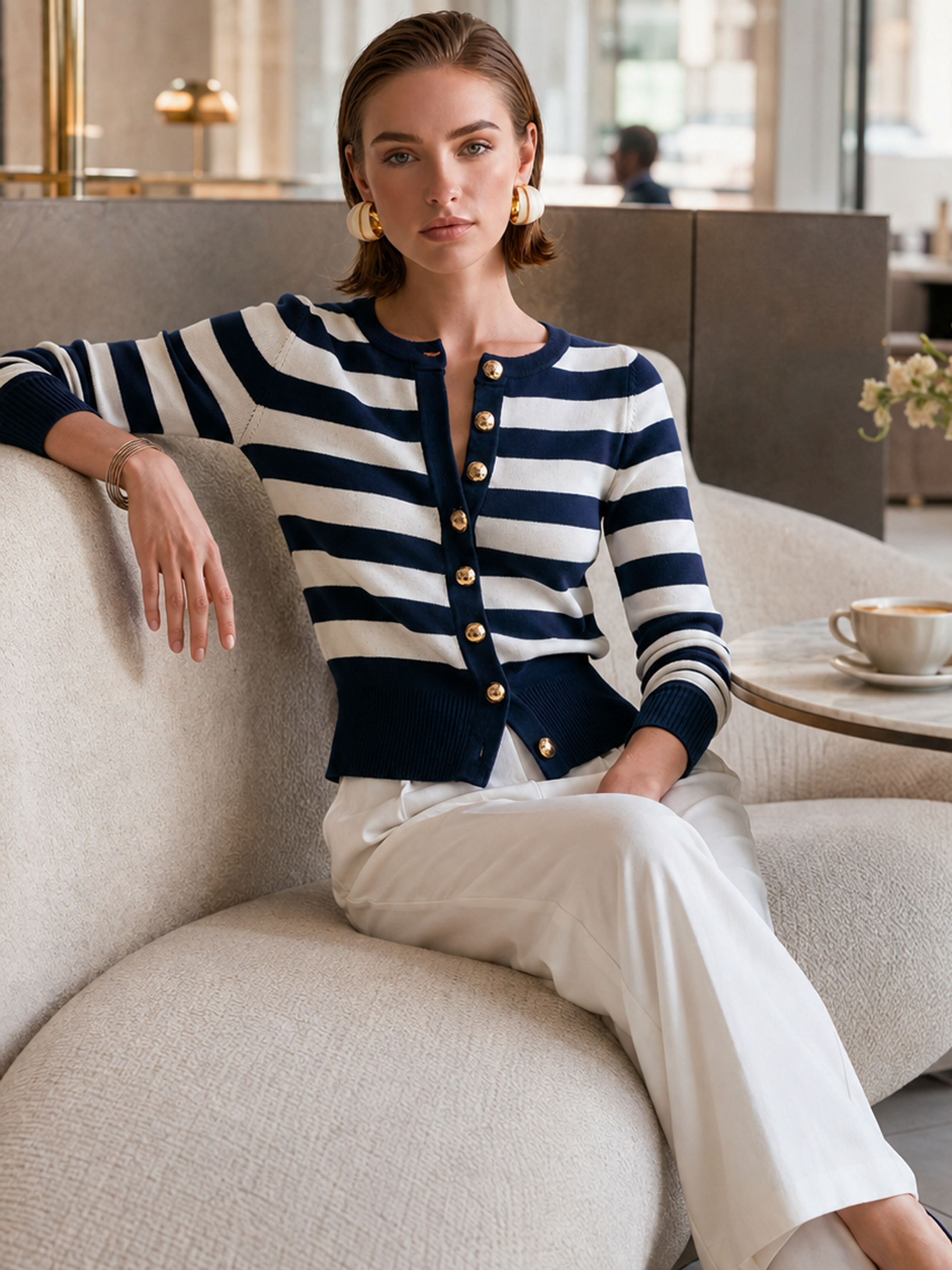 Navy‑Ivory Stripe Gold‑Button Cropped Knit Cardigan