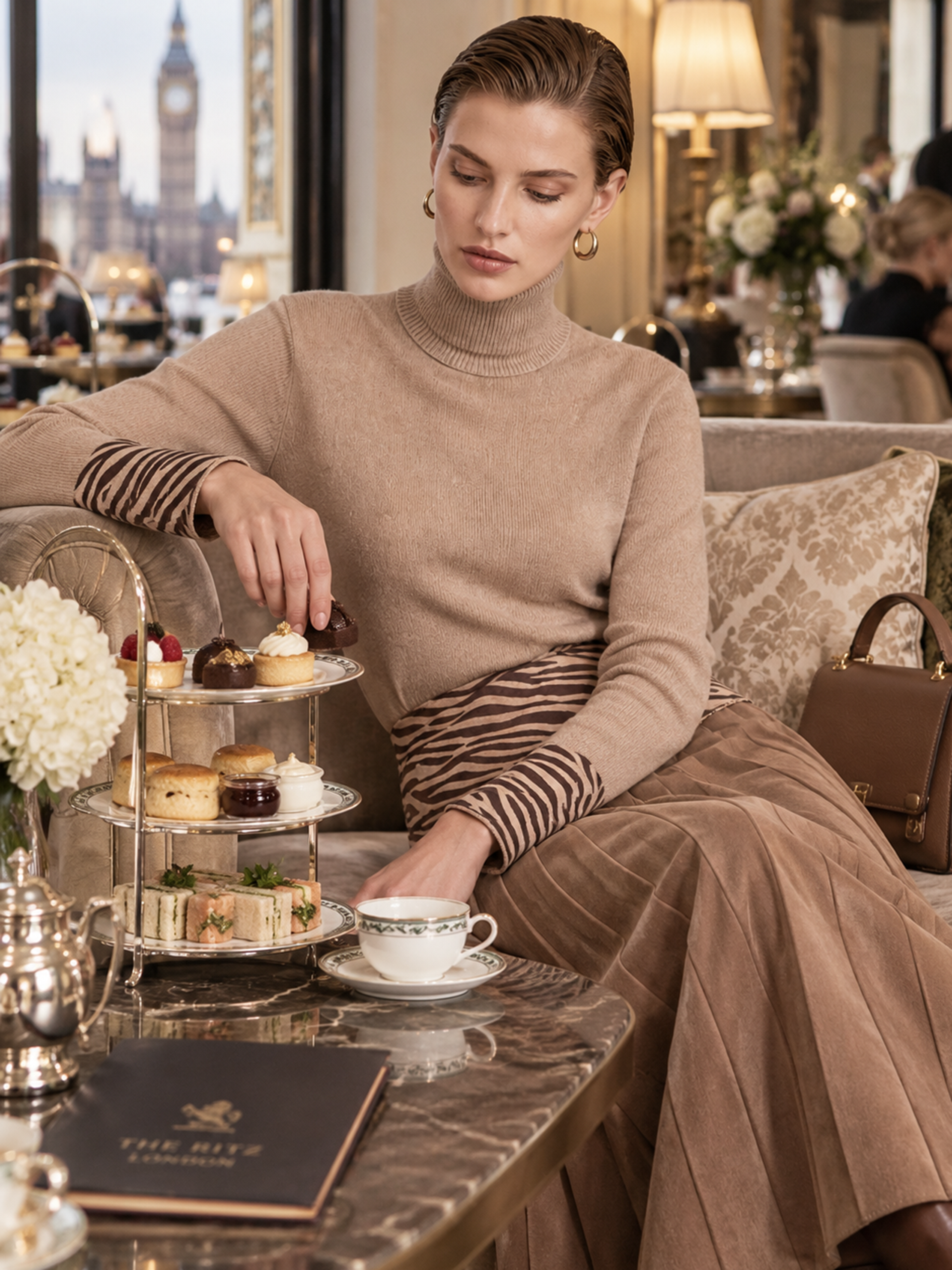 Oat Turtleneck Wool Sweater With Zebra Print Cuff Detail