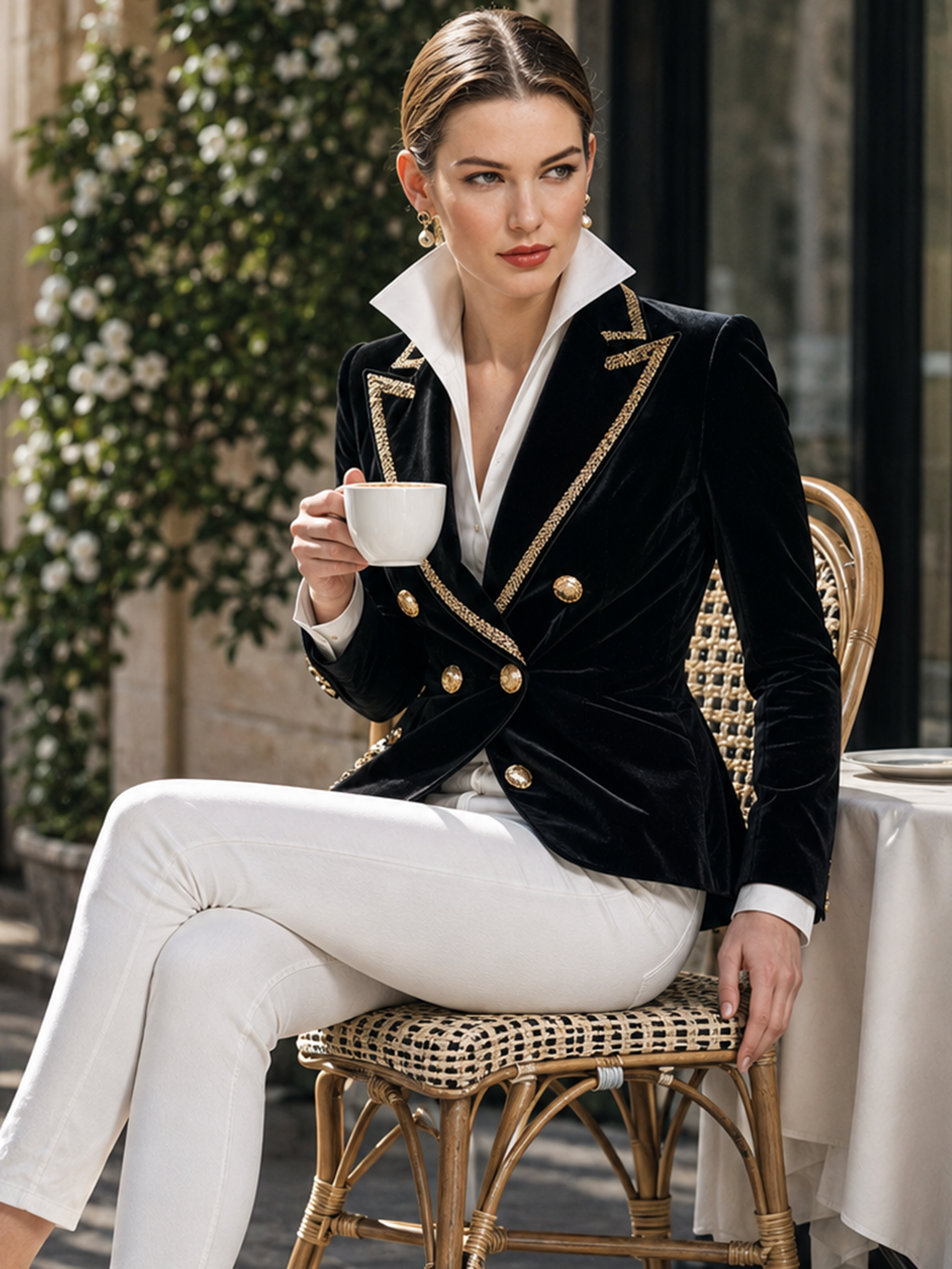 Black Velvet Gold‑Trim Double‑Breasted Waisted Blazer