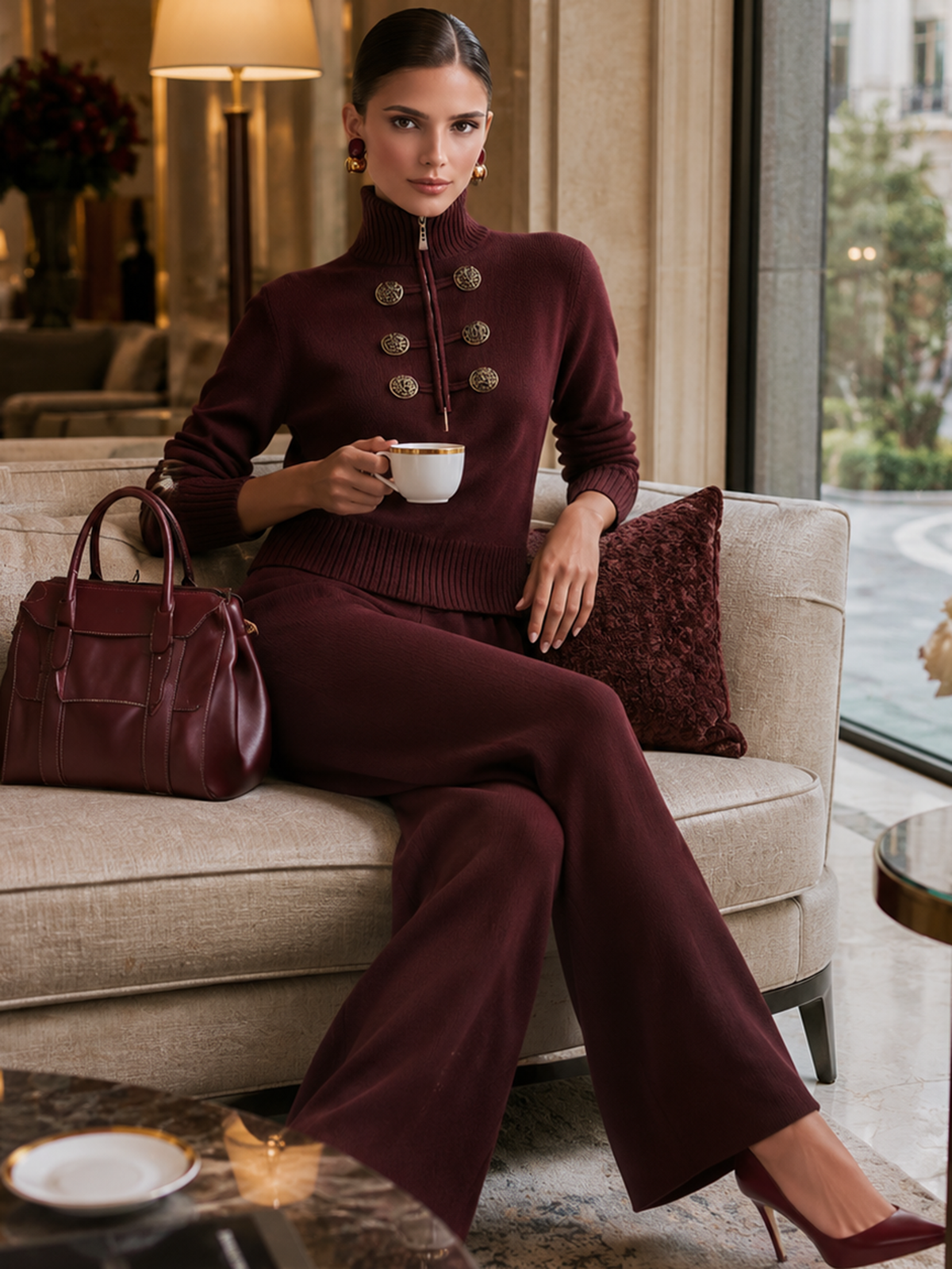 Burgundy Half‑Zip Turtleneck Knit Wide‑Leg Pant Two‑Piece Set
