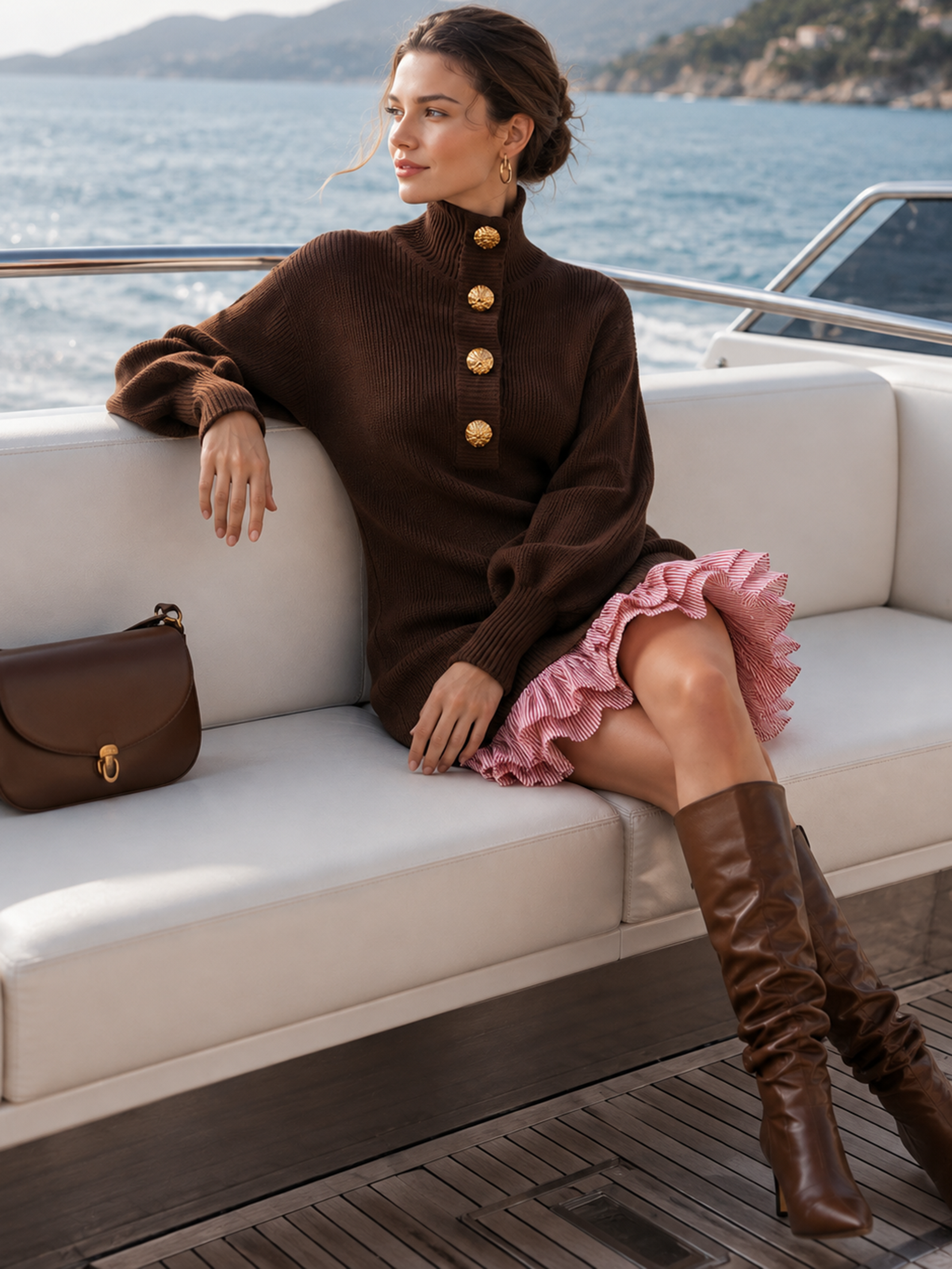 Lantern‑Sleeve Contrast‑Stripe Hem Knit Mini Dress