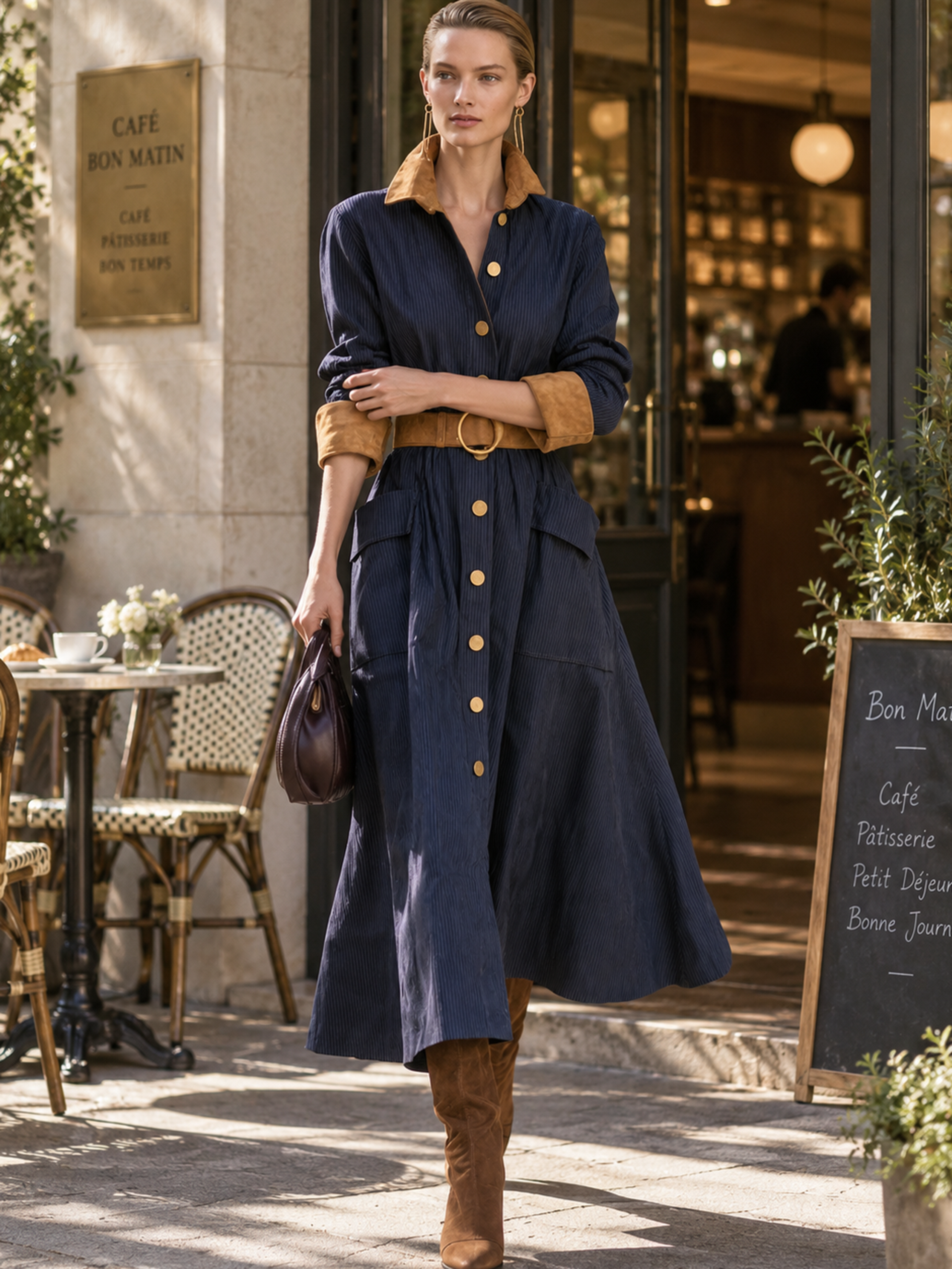 Navy Pinstripe Contrast Collar Belted Shirt Midi Dress