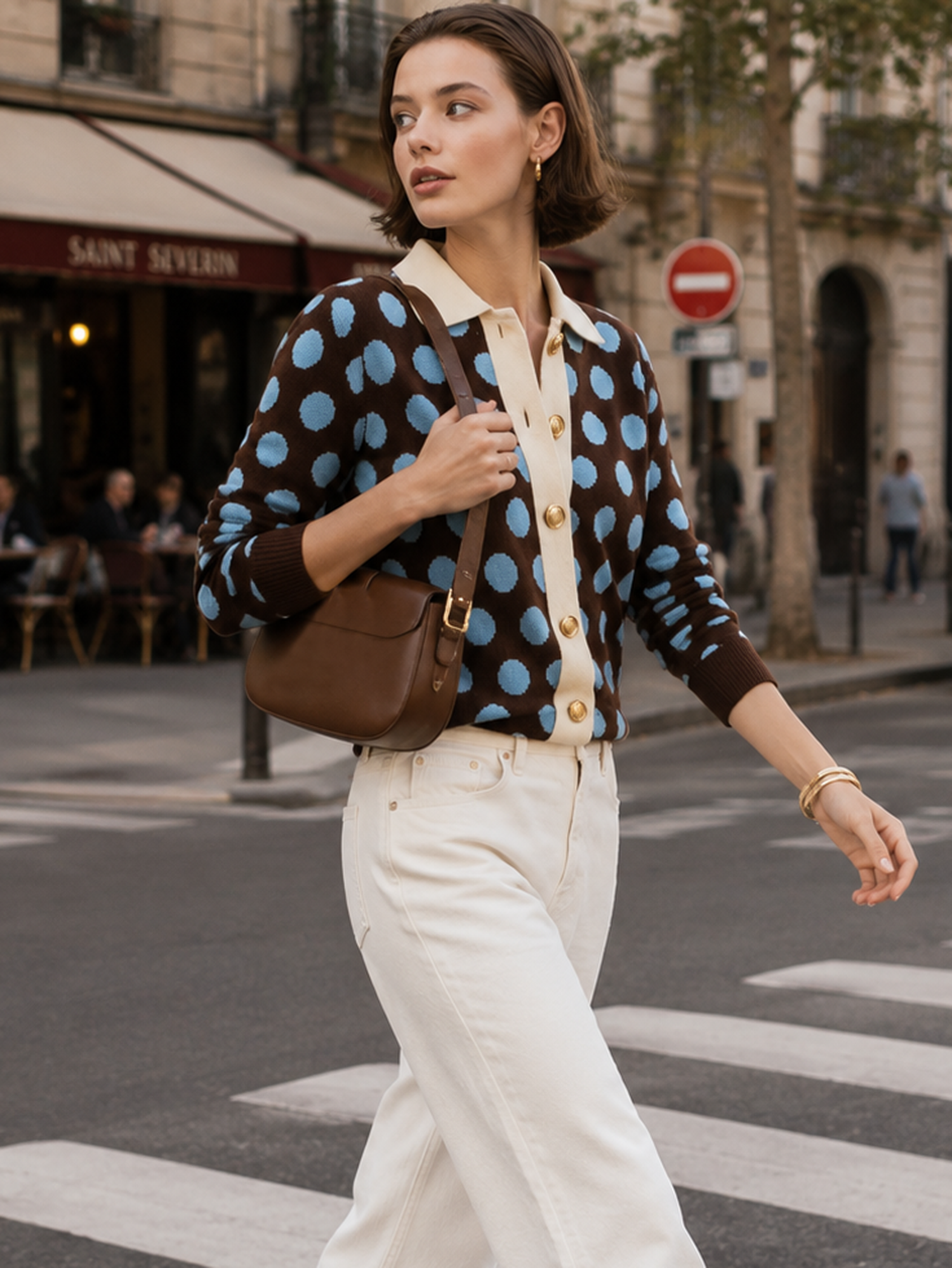 Vintage Polka‑Dot Contrast‑Collar Gold‑Button Cropped Cardigan