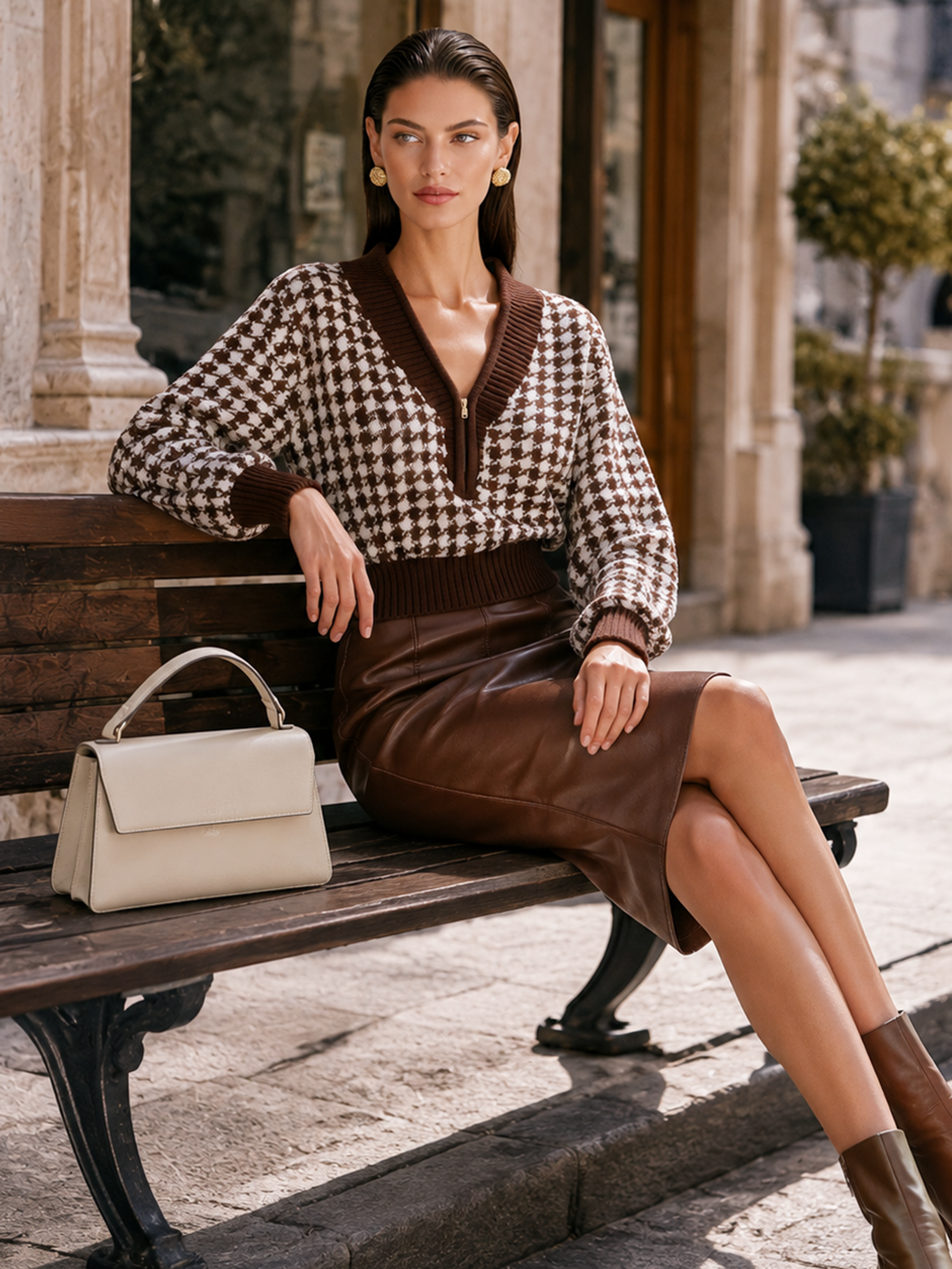 Brown‑White Houndstooth Half‑Zip V‑Neck Lantern‑Sleeve Sweater
