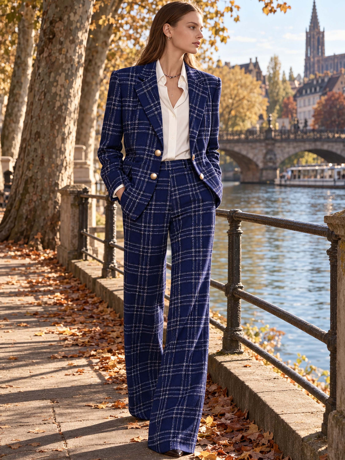 Navy Plaid Tweed Wide Leg Suit Pants