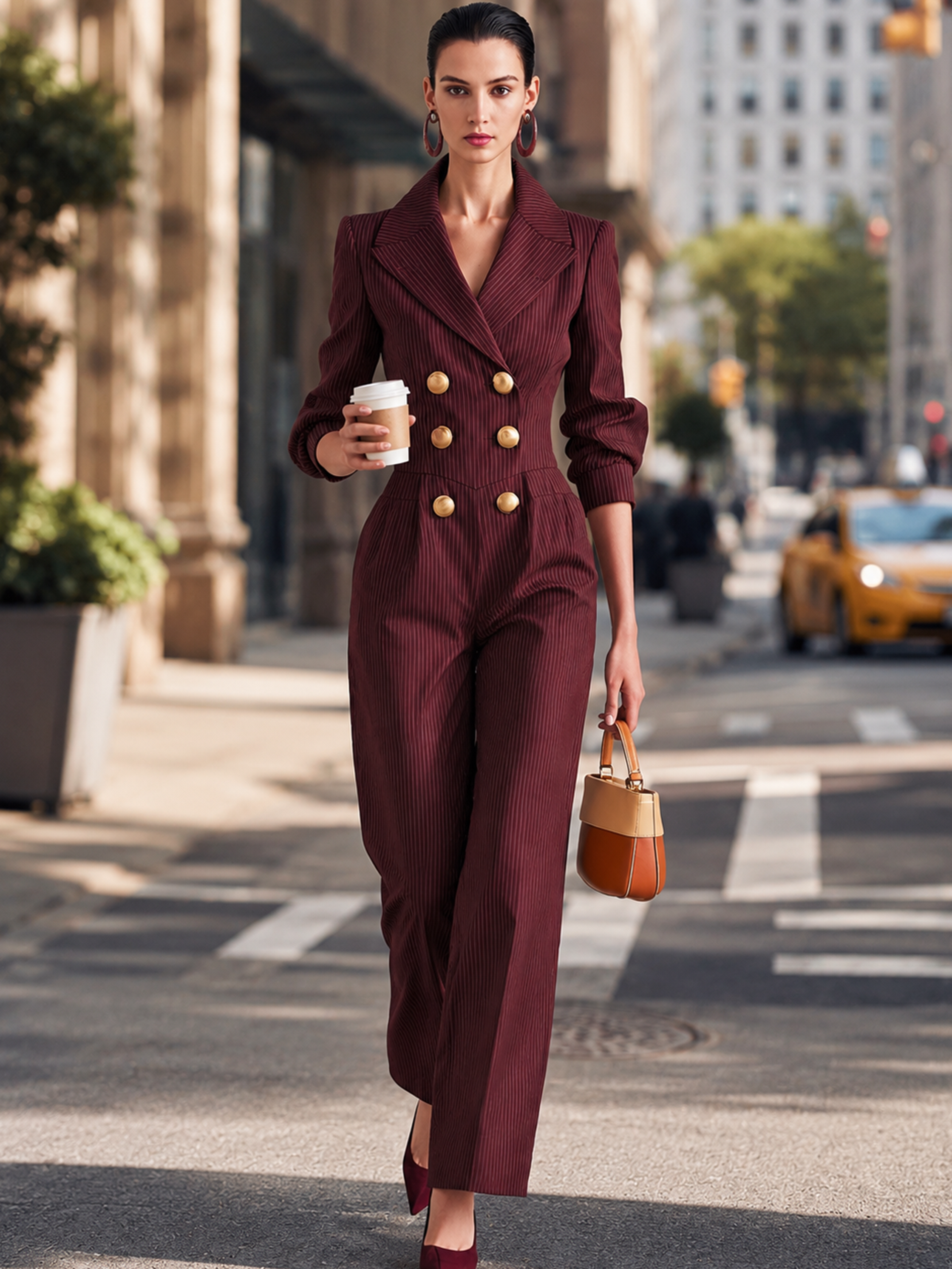 Burgundy Pinstripe Lapel Double‑Breasted Jumpsuit