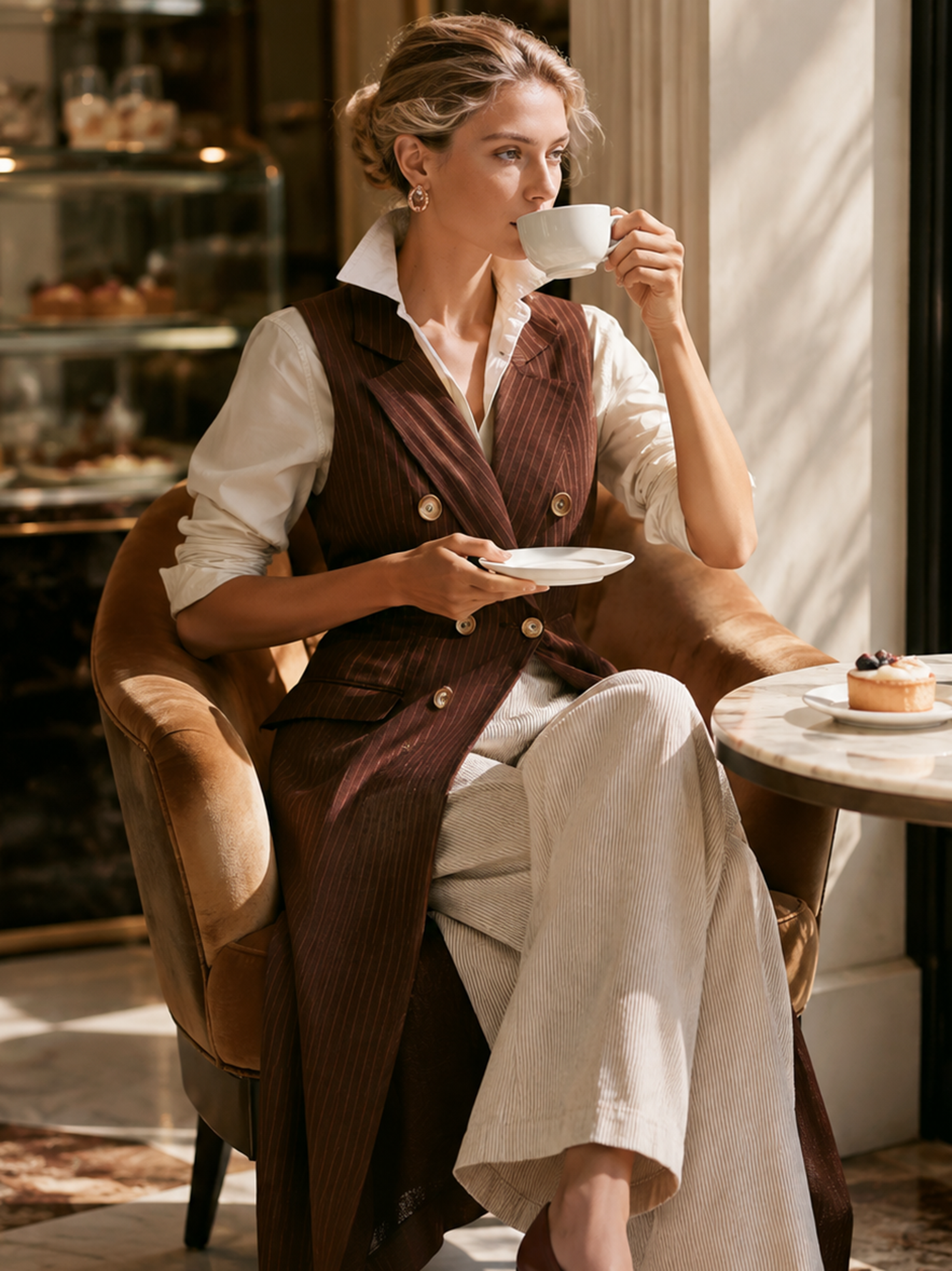 Brown Pinstripe Lapel Sleeveless Long Waistcoat