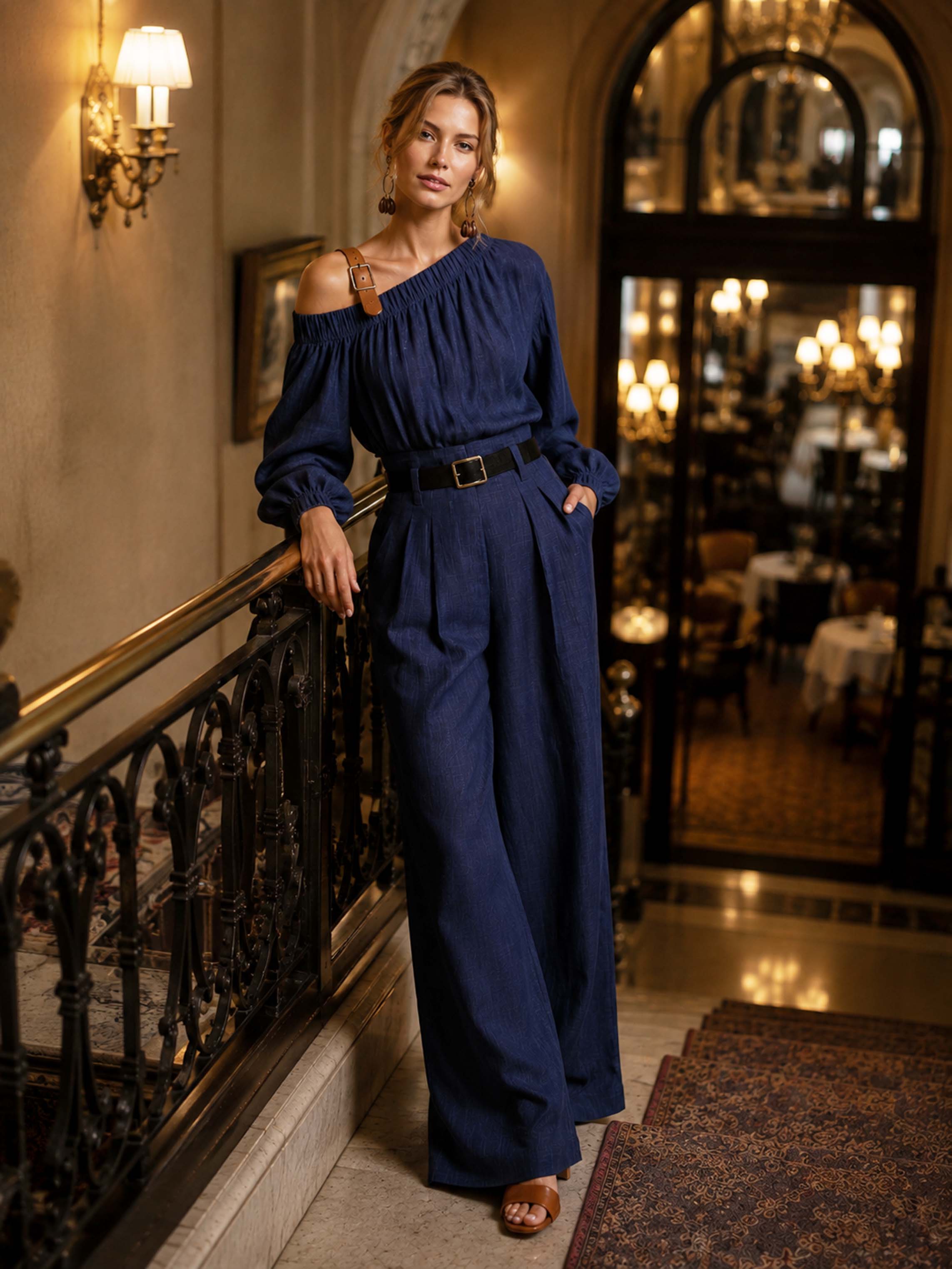Elegant Relaxed Linen Navy One‑Shoulder Lantern‑Sleeve Wide‑Leg Pant Set