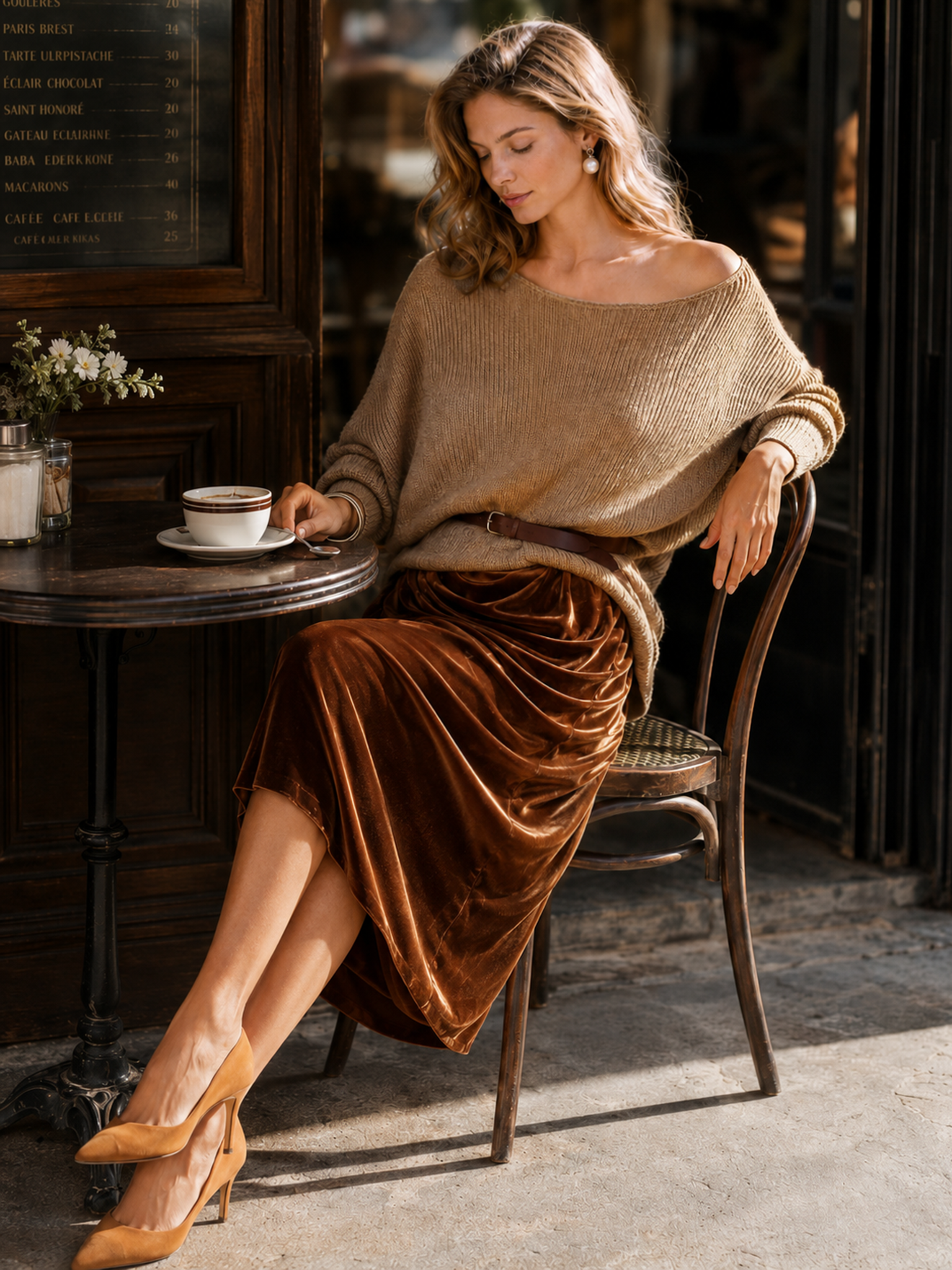 Elegant One-Shoulder Oversized Knit Waist-Cinched Caramel Velvet Skirt Suit