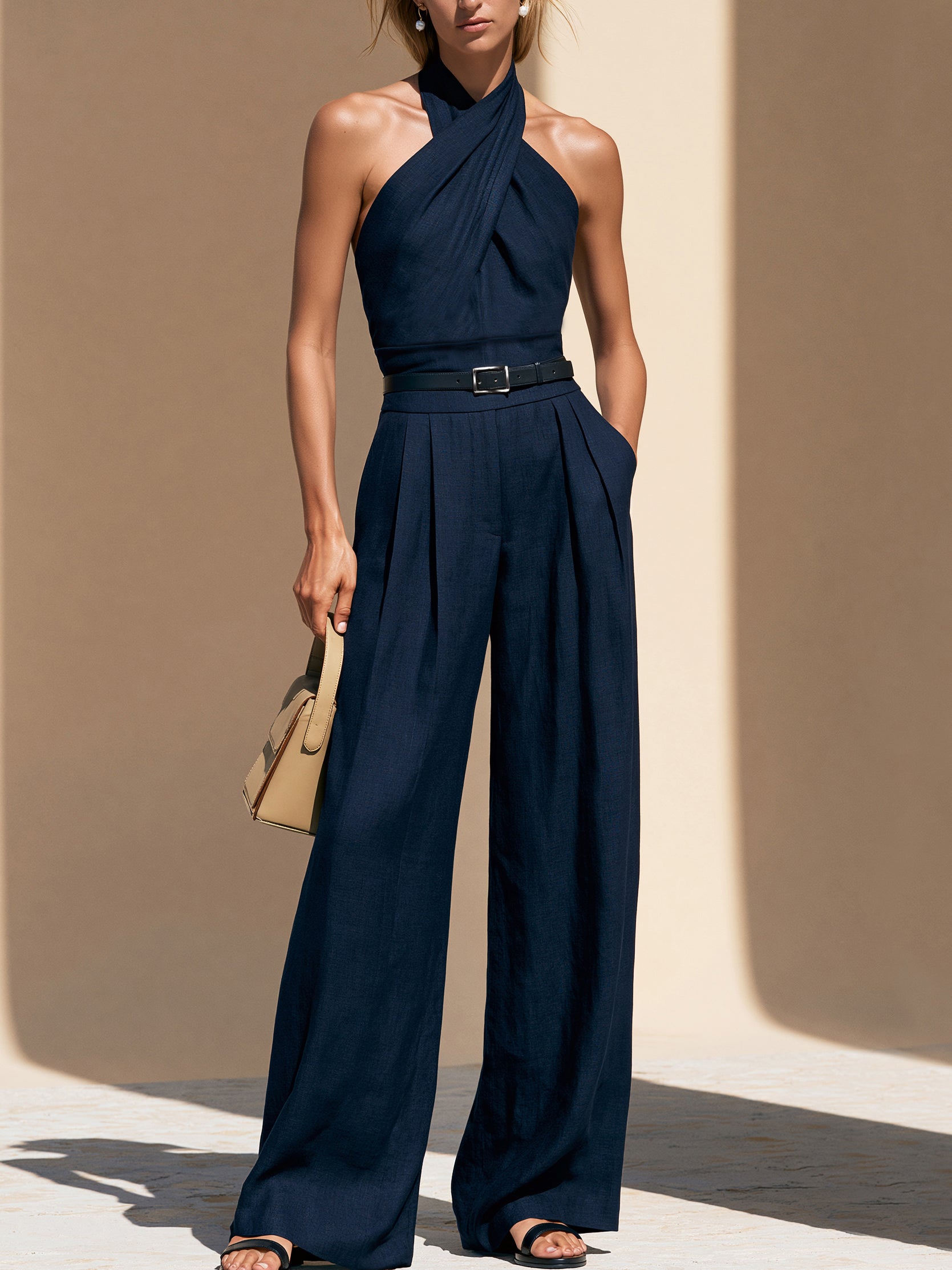 Midnight Navy Halter Jumpsuit With Buckle Belt