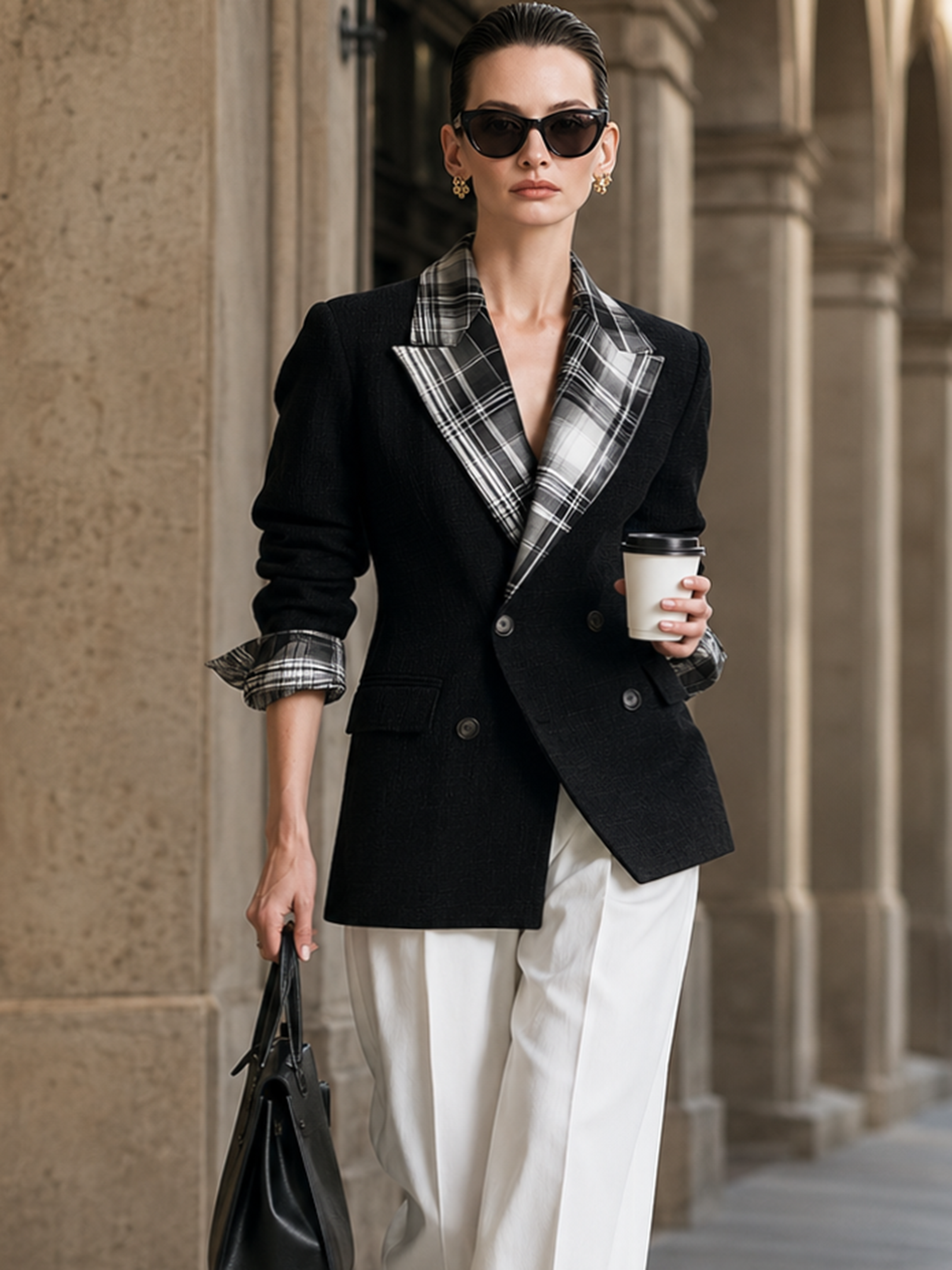 Elegant Plaid Contrast Lapel Double‑Breasted Textured Blazer