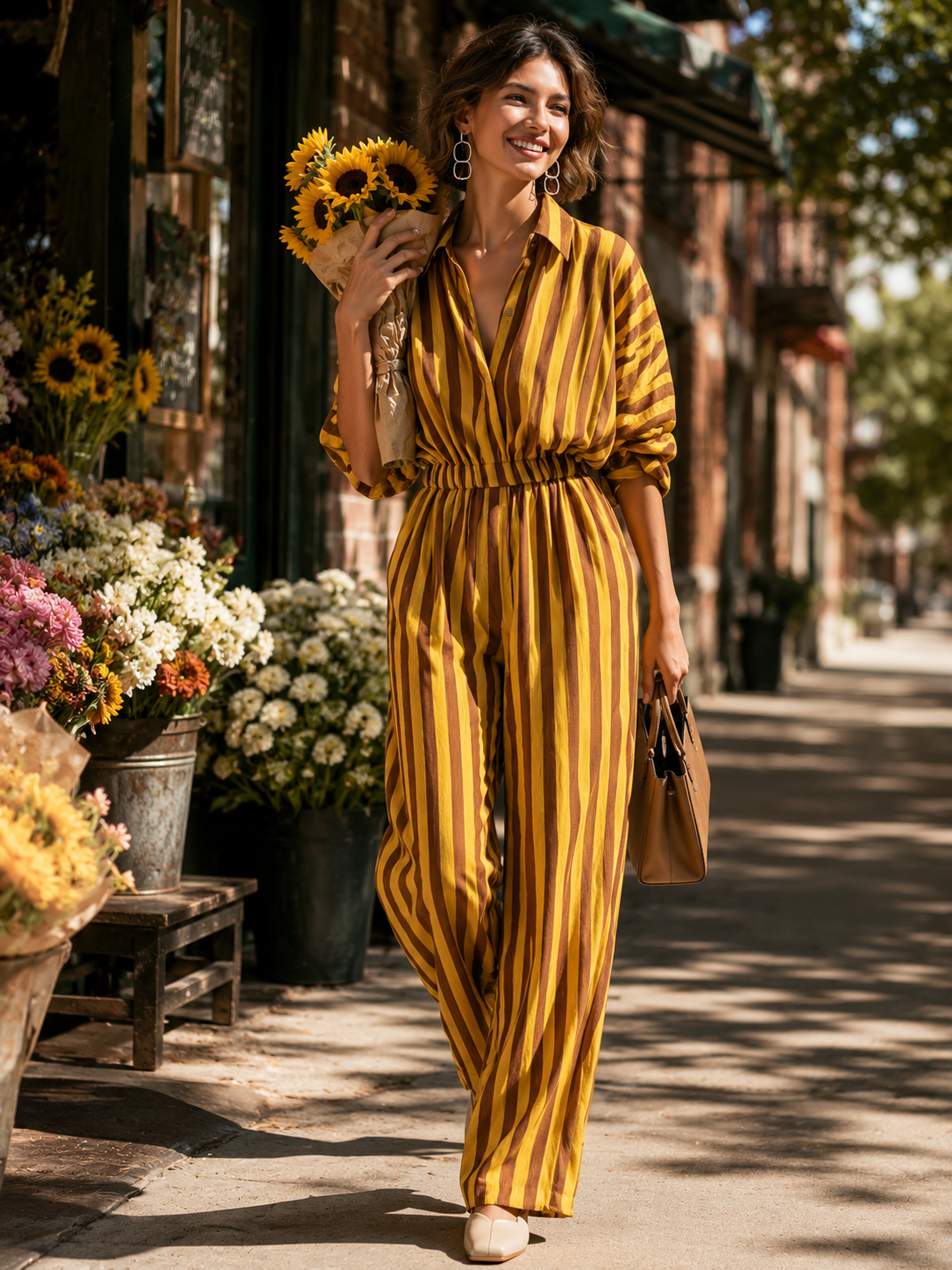 Elegant Tencel Linen Yellow Brown Stripe Collared Elastic Waist Wide Leg Jumpsuit