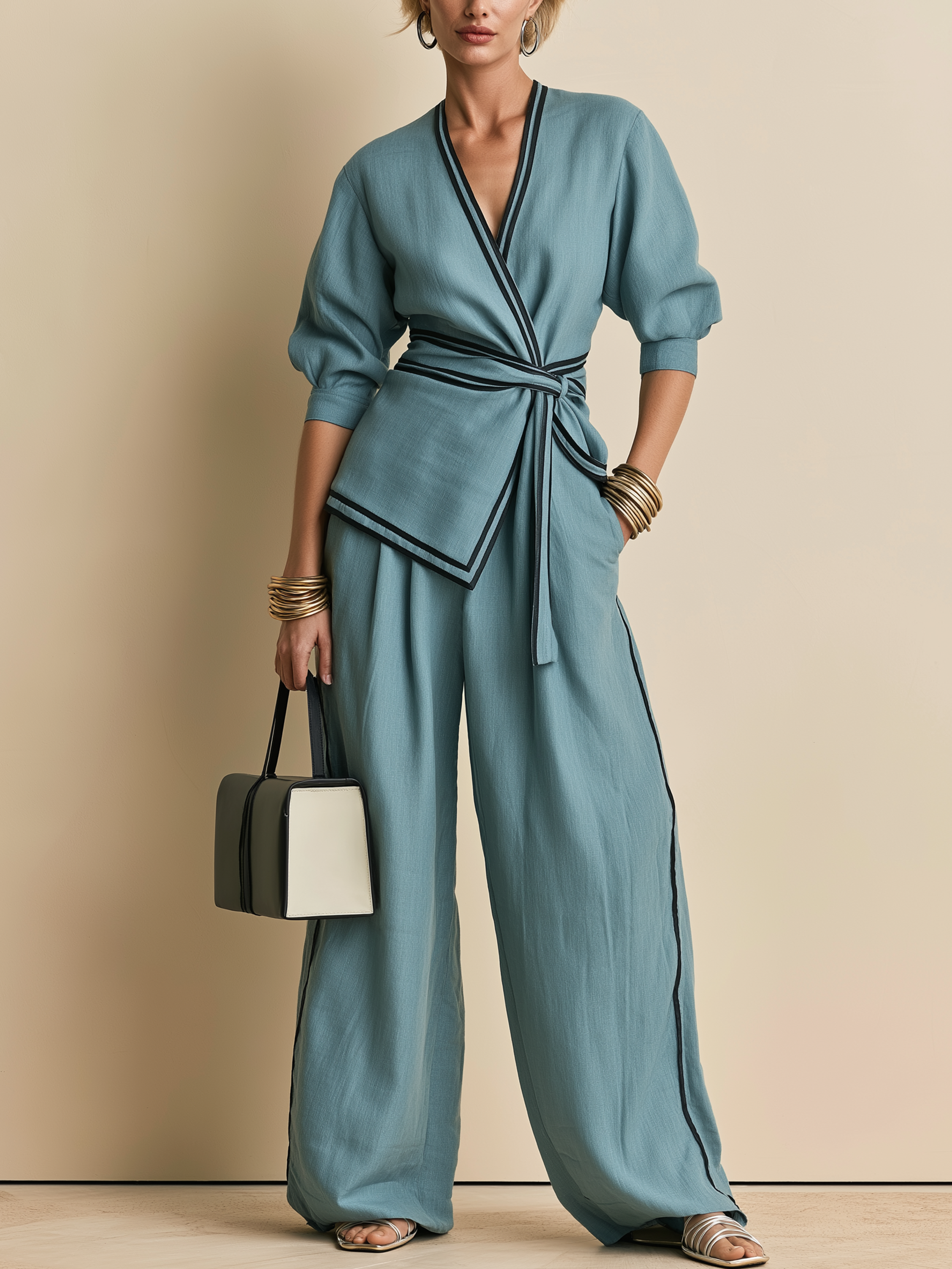 Dusty Blue Contrast Trim Wrap Top & Wide Leg Pants Set