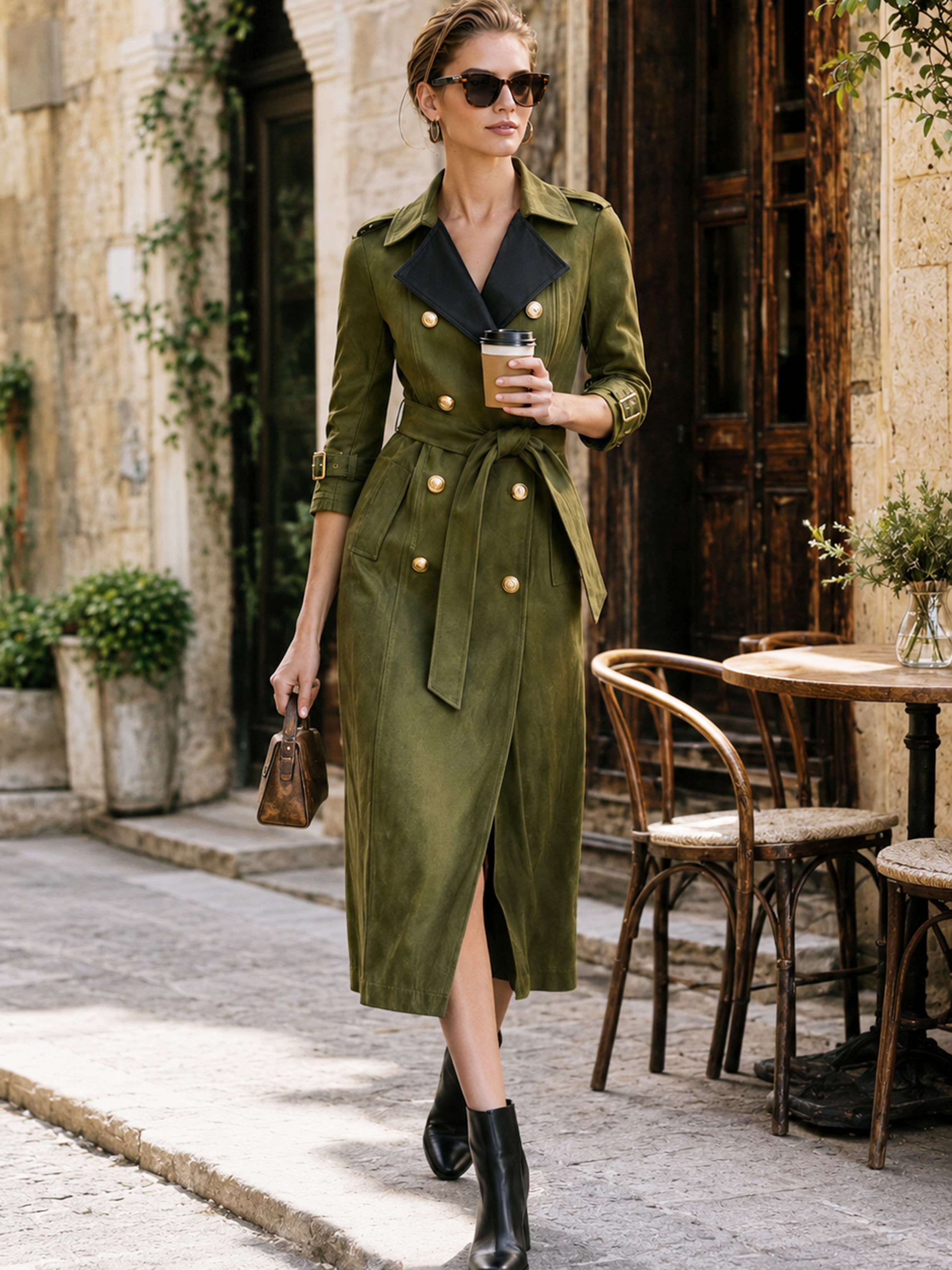 Army‑Green Contrast‑Lapel Double‑Breasted Belted Trench‑Style Midi Dress