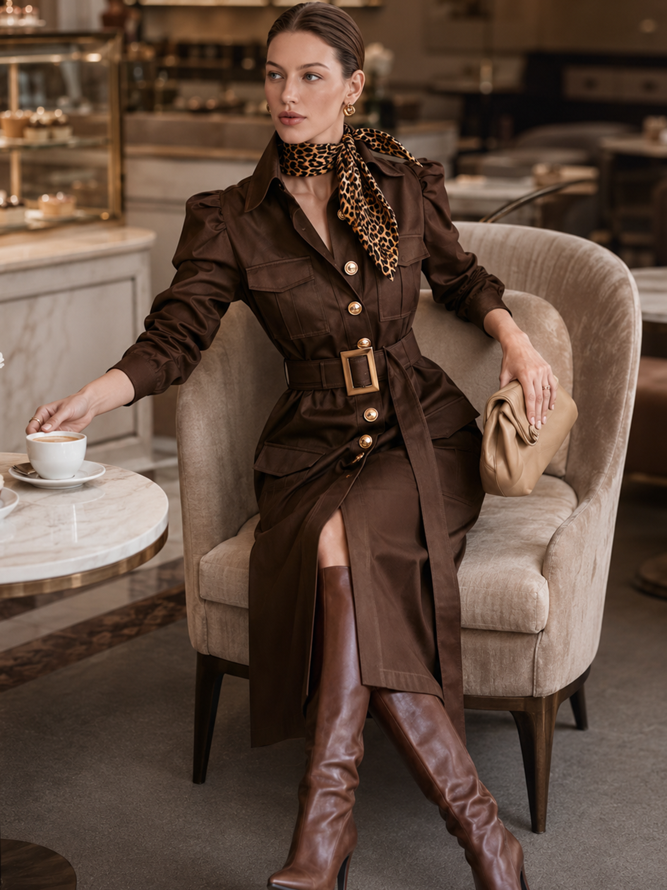 Brown Pocket Detail Gold Button Midi Dress