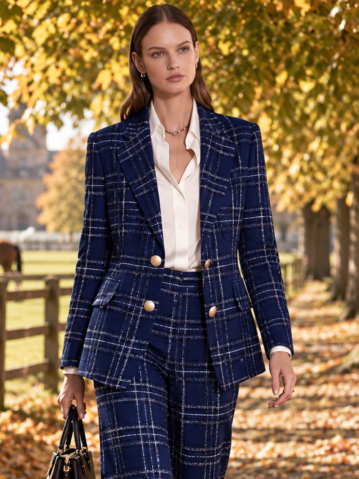 Navy Plaid Tweed Double Breasted Blazer
