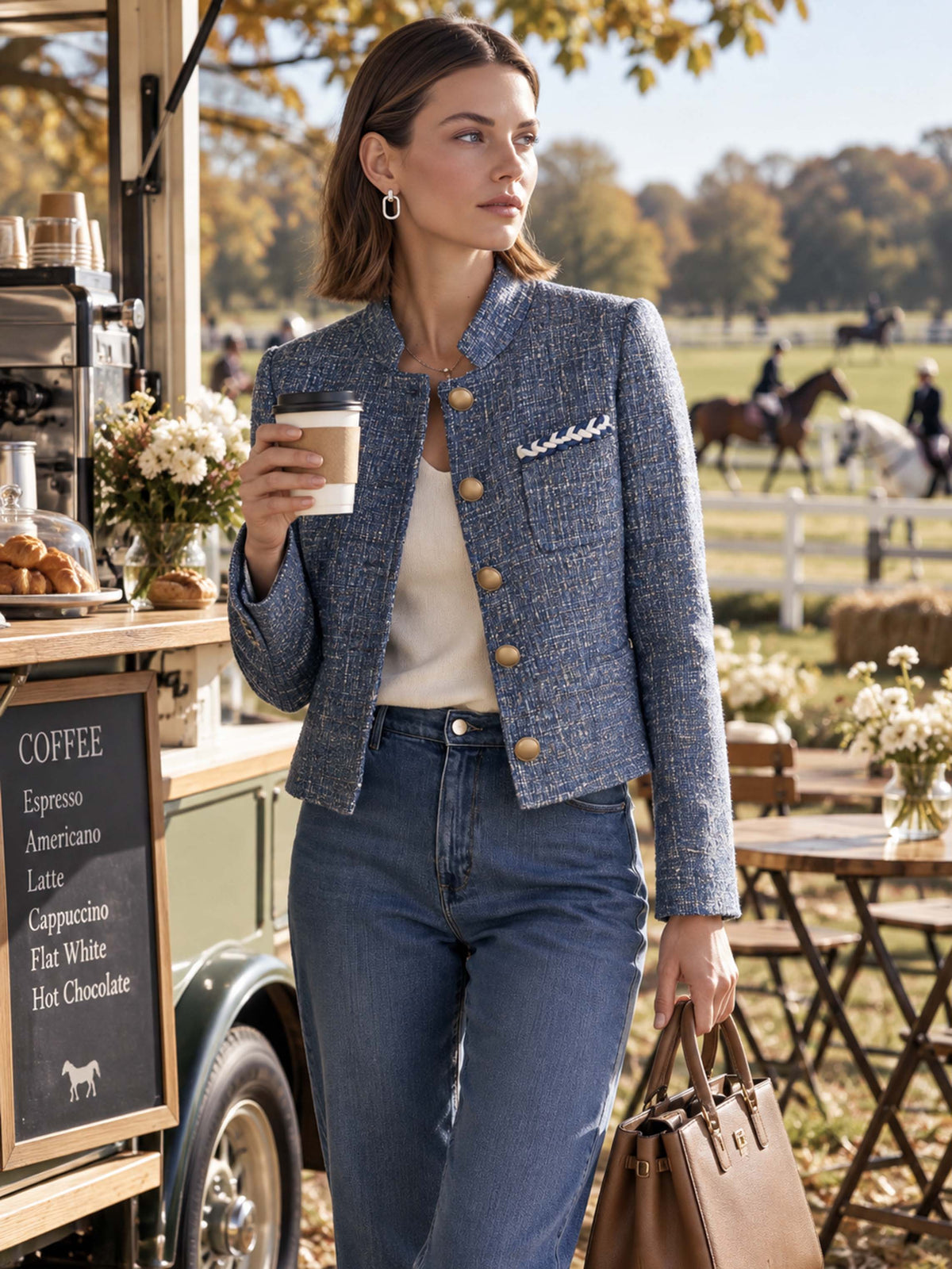 Blue Tweed Stand Collar Gold Button Cropped Jacket