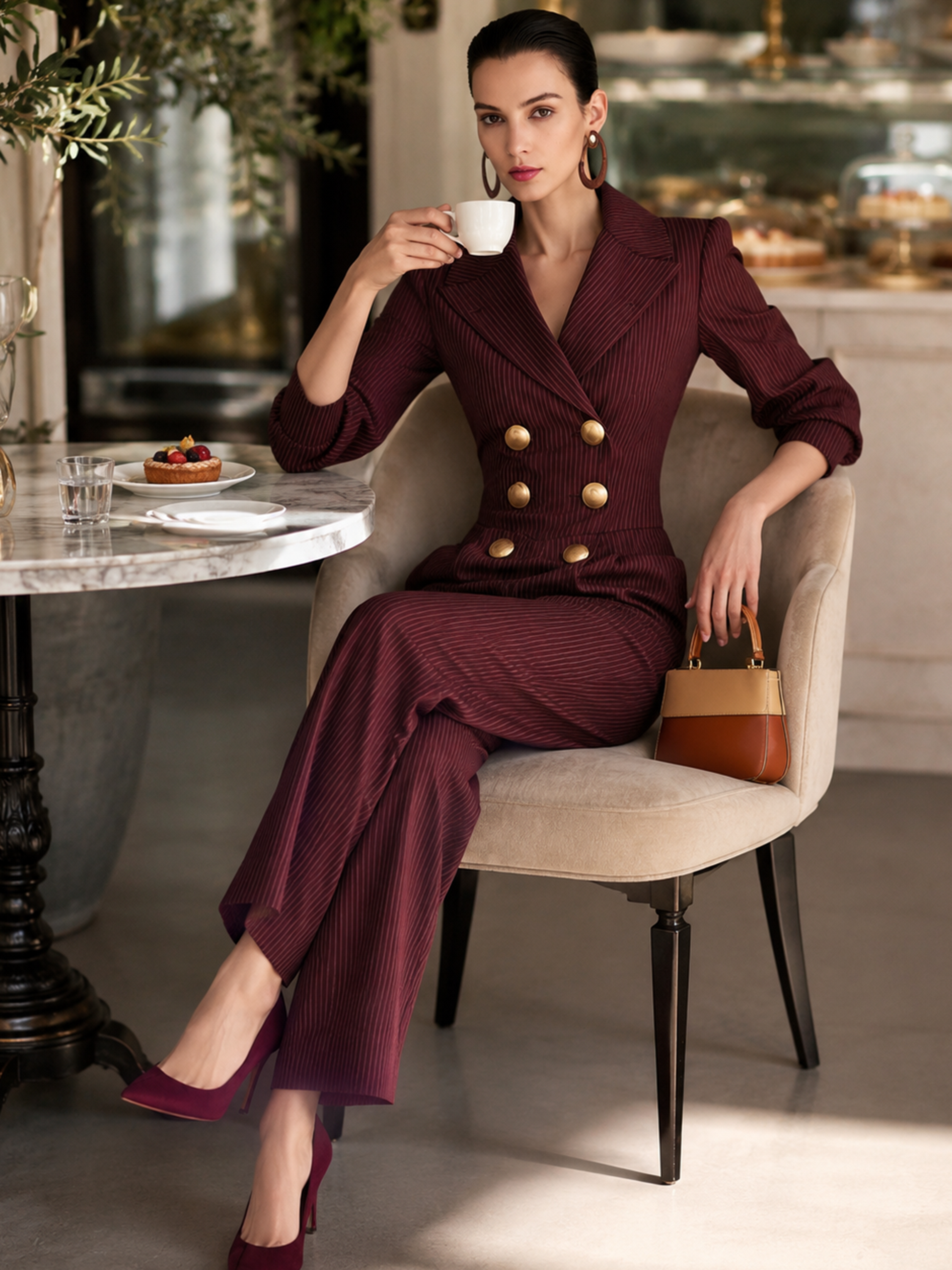 Burgundy Pinstripe Lapel Double‑Breasted Jumpsuit