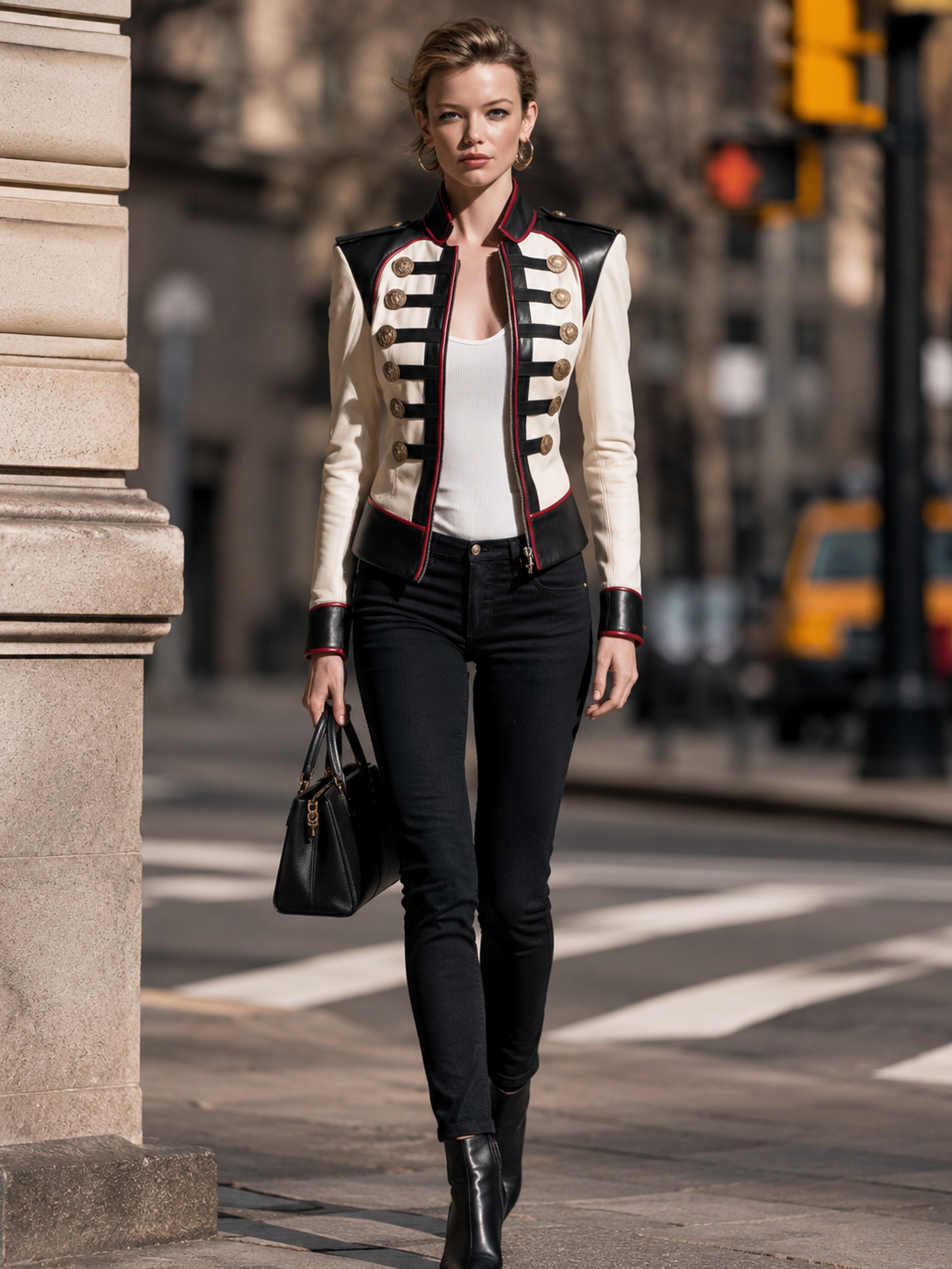 Color‑Block Stand‑Collar Gold‑Button Fitted Short Leather Jacket